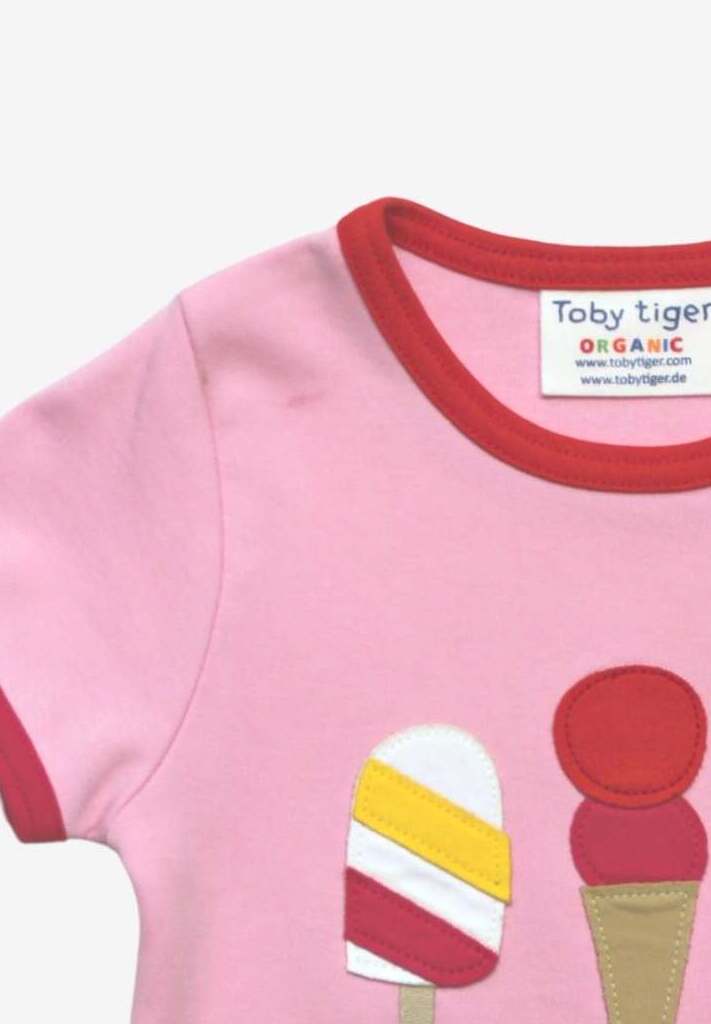 Premium organic cotton kids t-shirt with ice cream applique, soft stylish summer top, trendy baby clothing, best-selling eco-friendly design by Toby Tiger at brixbailey.com