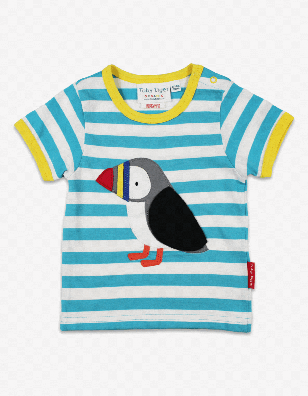 Premium organic cotton baby t-shirt with puffin applique, playful interactive design, blue and white stripes, soft GOTS-certified fabric by Toby Tiger at brixbailey.com