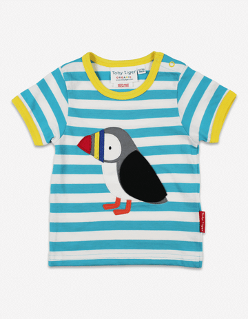 Premium organic cotton baby t-shirt with puffin applique, playful interactive design, blue and white stripes, soft GOTS-certified fabric by Toby Tiger at brixbailey.com