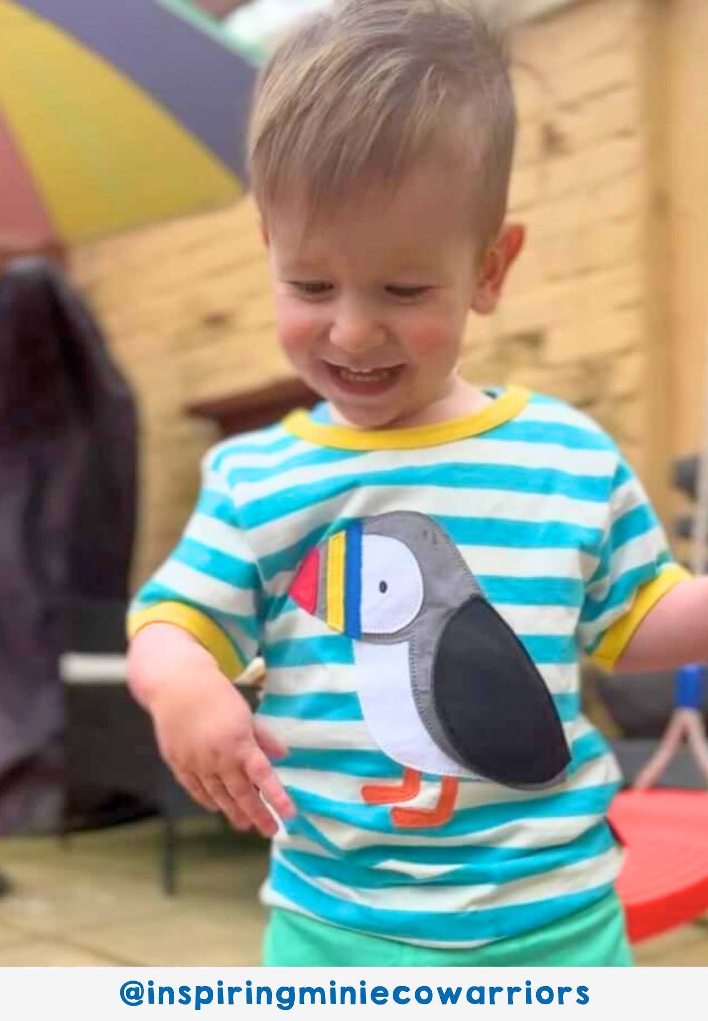 Premium organic cotton baby t-shirt with puffin applique, playful interactive fish surprise, soft striped design, GOTS certified by Toby Tiger at brixbailey.com