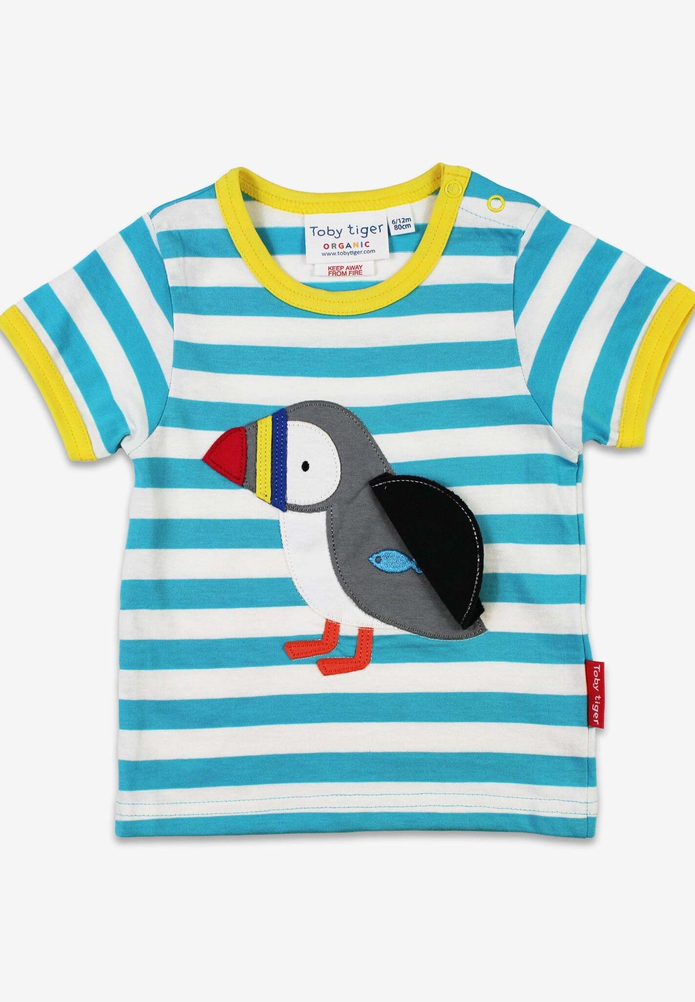 Premium organic cotton baby t-shirt with playful puffin applique, blue and white stripes, hidden fish surprise, soft GOTS-certified fabric by Toby Tiger at brixbailey.com