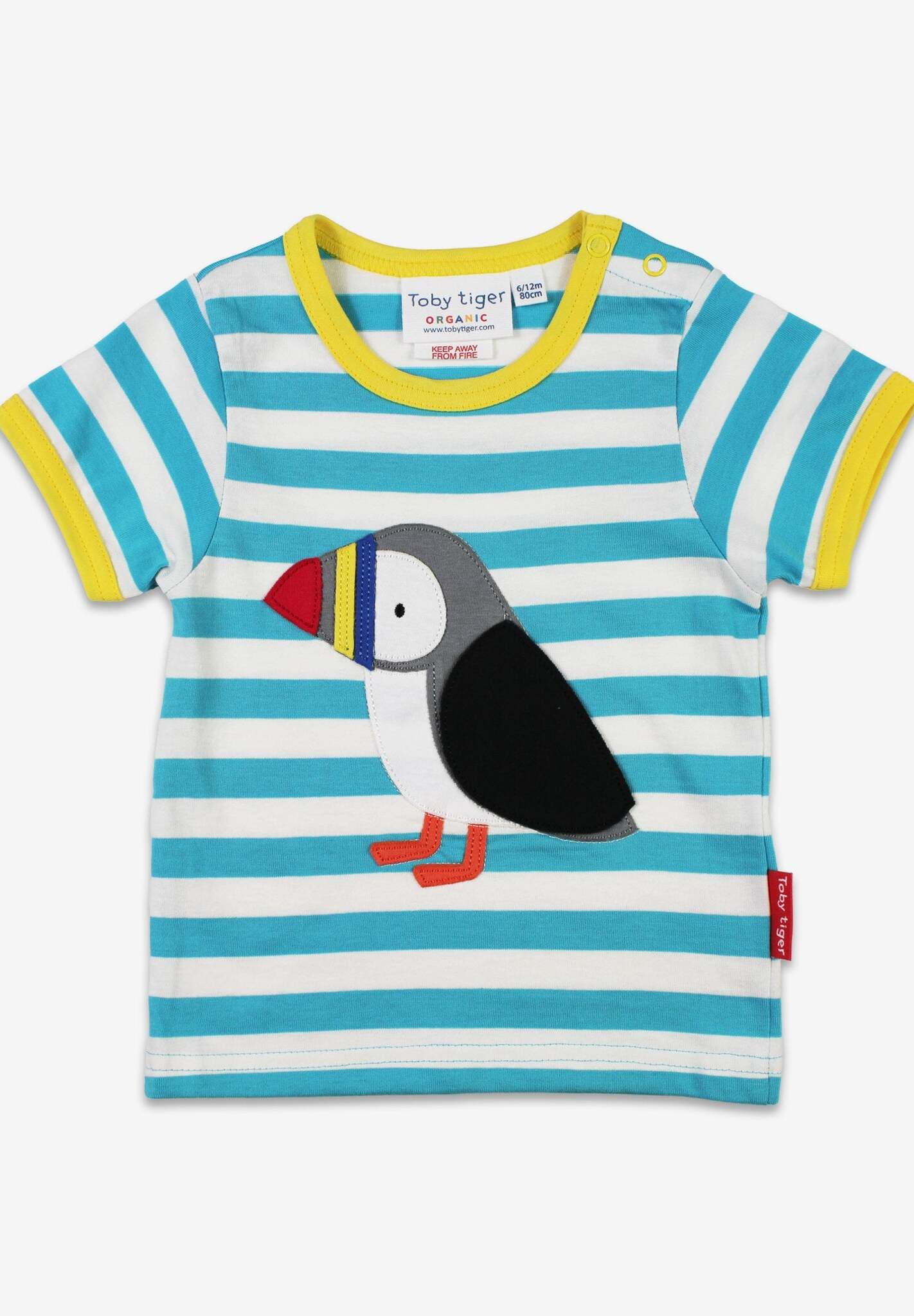 Premium organic cotton baby t-shirt with playful puffin applique, blue and white stripes, hidden fish surprise, soft GOTS-certified fabric by Toby Tiger at brixbailey.com