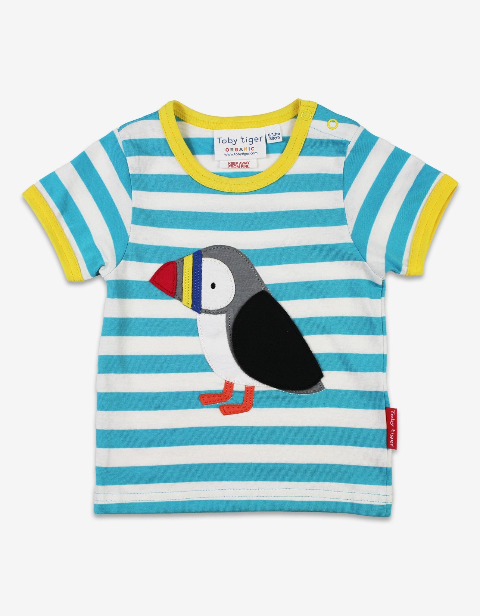 Luxury organic cotton baby t-shirt with puffin applique, blue and white stripes, playful hidden fish surprise, soft GOTS-certified fabric by Toby Tiger at brixbailey.com