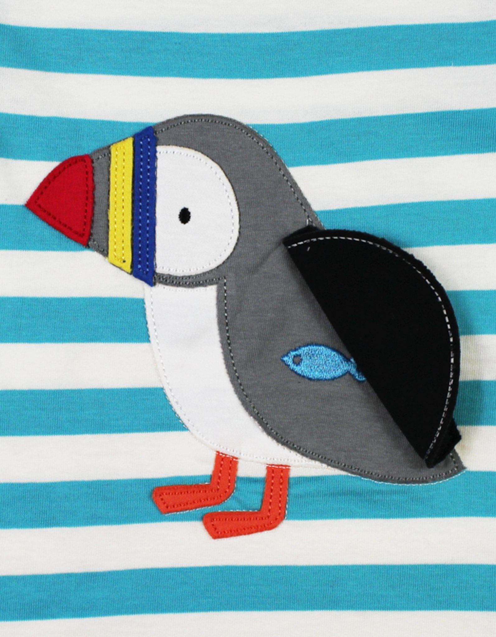 Premium organic cotton baby T-shirt with playful puffin applique, blue and white stripes, interactive hidden fish surprise, soft GOTS-certified fabric by Toby Tiger at brixbailey.com