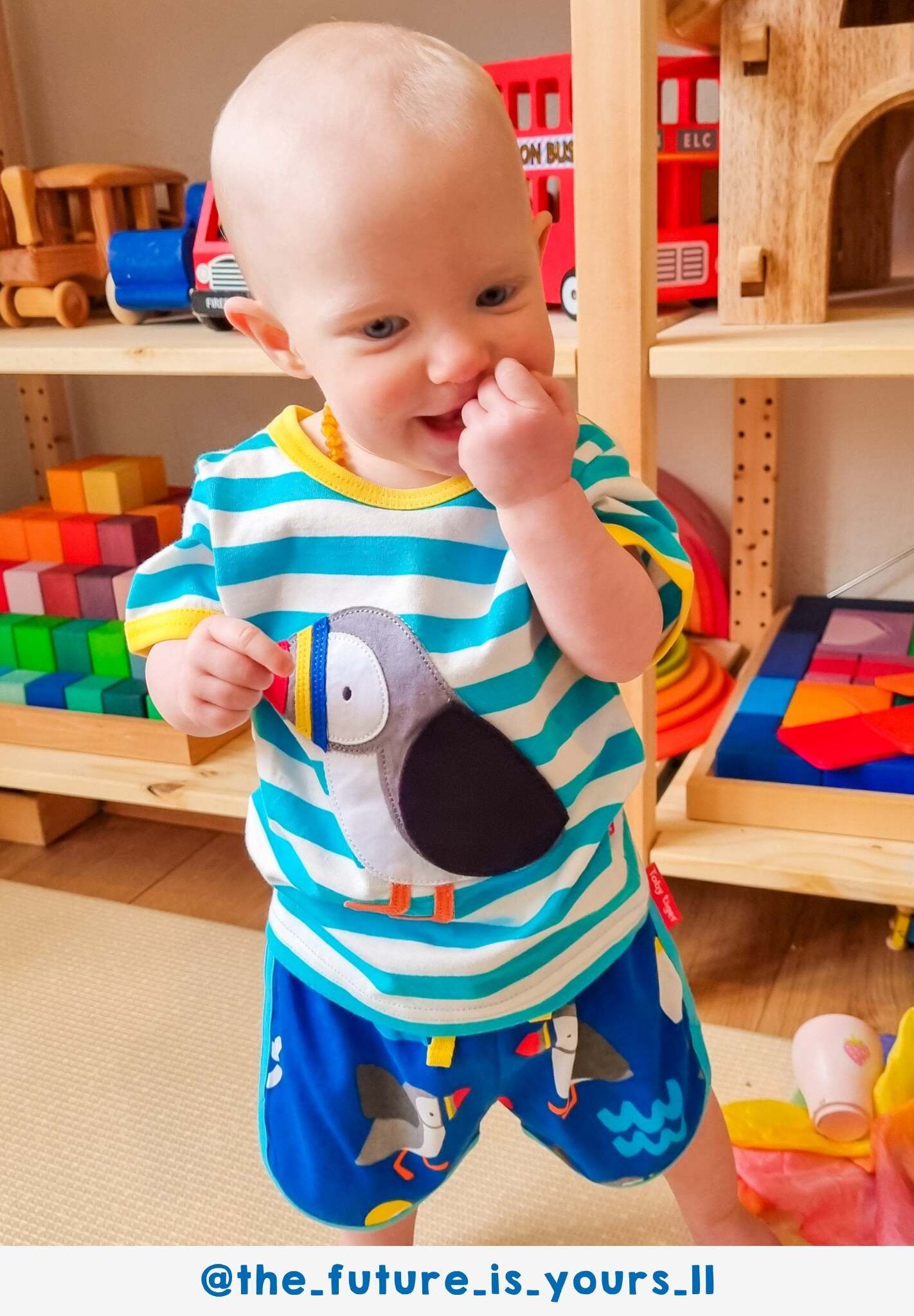 Luxury organic cotton baby t-shirt with puffin applique, playful hidden fish surprise, soft striped design, GOTS certified, machine washable by Toby Tiger at brixbailey.com