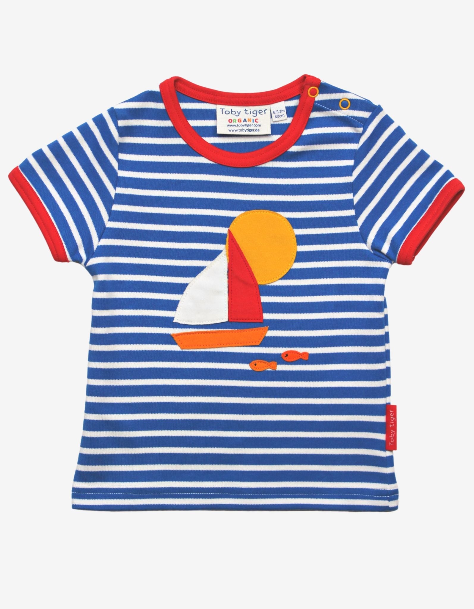 Stylish Blue and White Striped Organic Kids T-Shirt with Fun Boat Applique and Red Trim by Toby Tiger at brixbailey.com