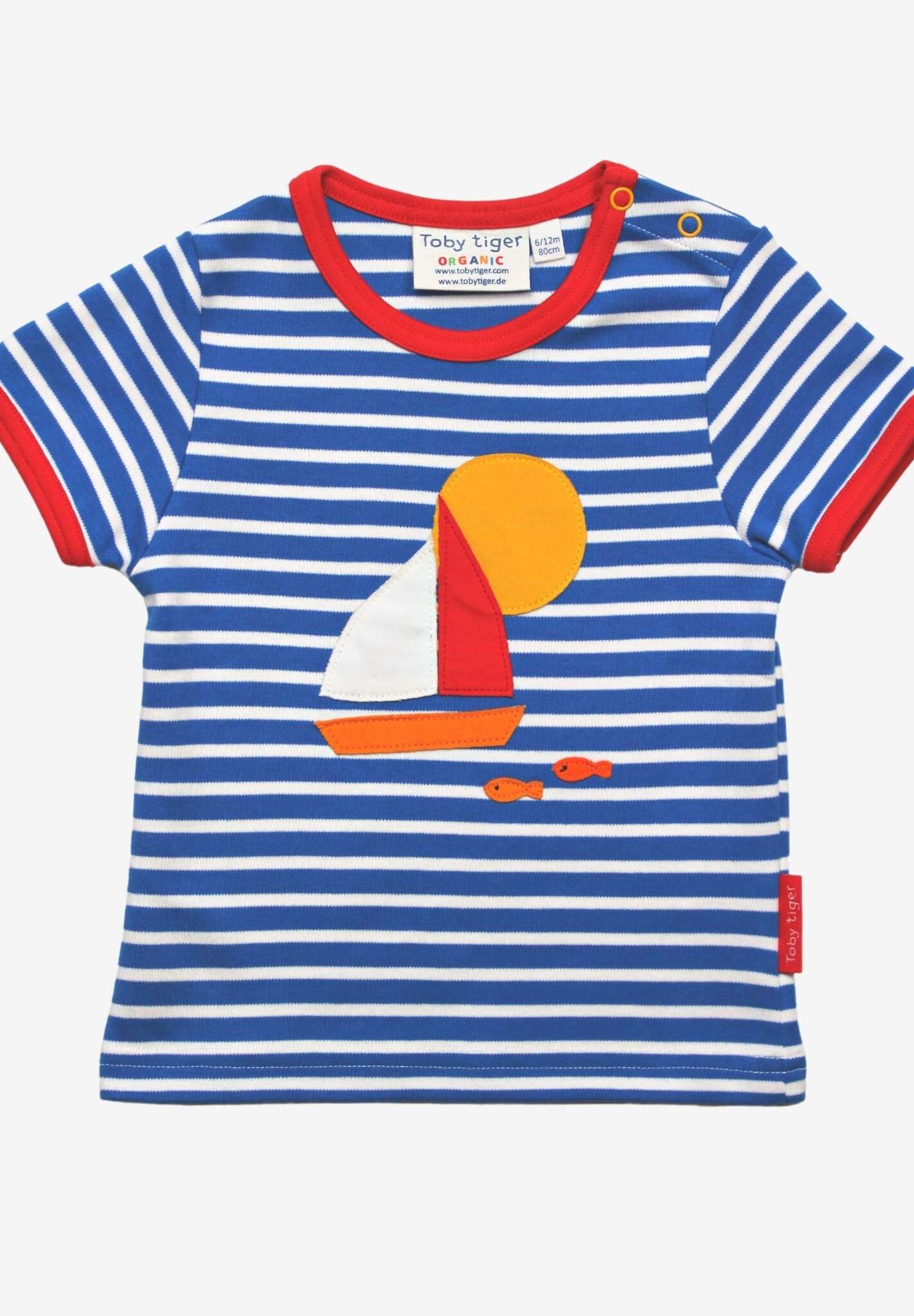 Stylish Blue and White Striped Organic Kids T-Shirt with Fun Boat Applique and Red Trim by Toby Tiger at brixbailey.com