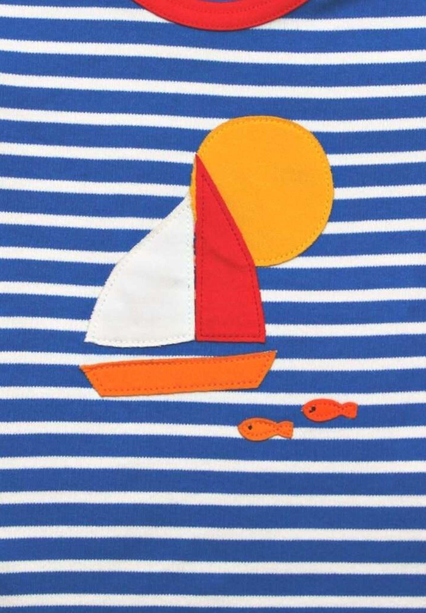 Stylish Blue and White Striped Organic Kids T-Shirt with Sailboat Applique, Red Trim, GOTS Certified Cotton by Toby Tiger at brixbailey.com