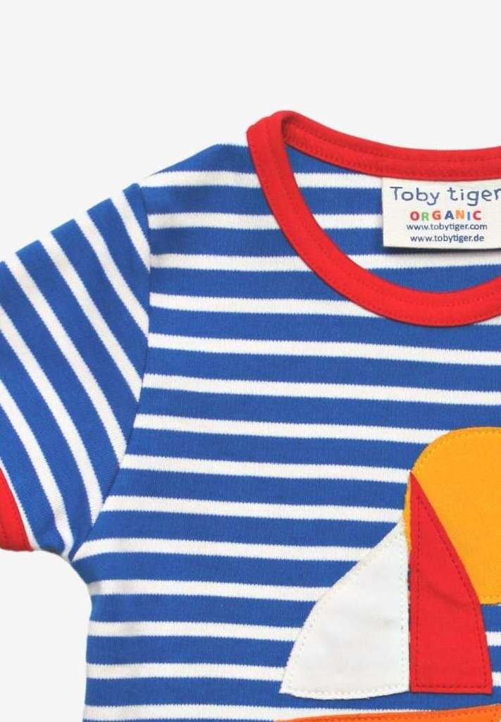 Stylish Blue and White Striped Organic Kids T-Shirt with Fun Boat Applique and Red Trim by Toby Tiger at brixbailey.com
