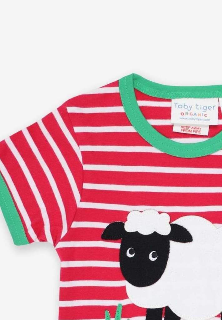 Luxury striped organic cotton baby t-shirt with sheep applique, soft GOTS-certified fabric, snap buttons, green trim, premium eco-friendly dye by Toby Tiger at brixbailey.com