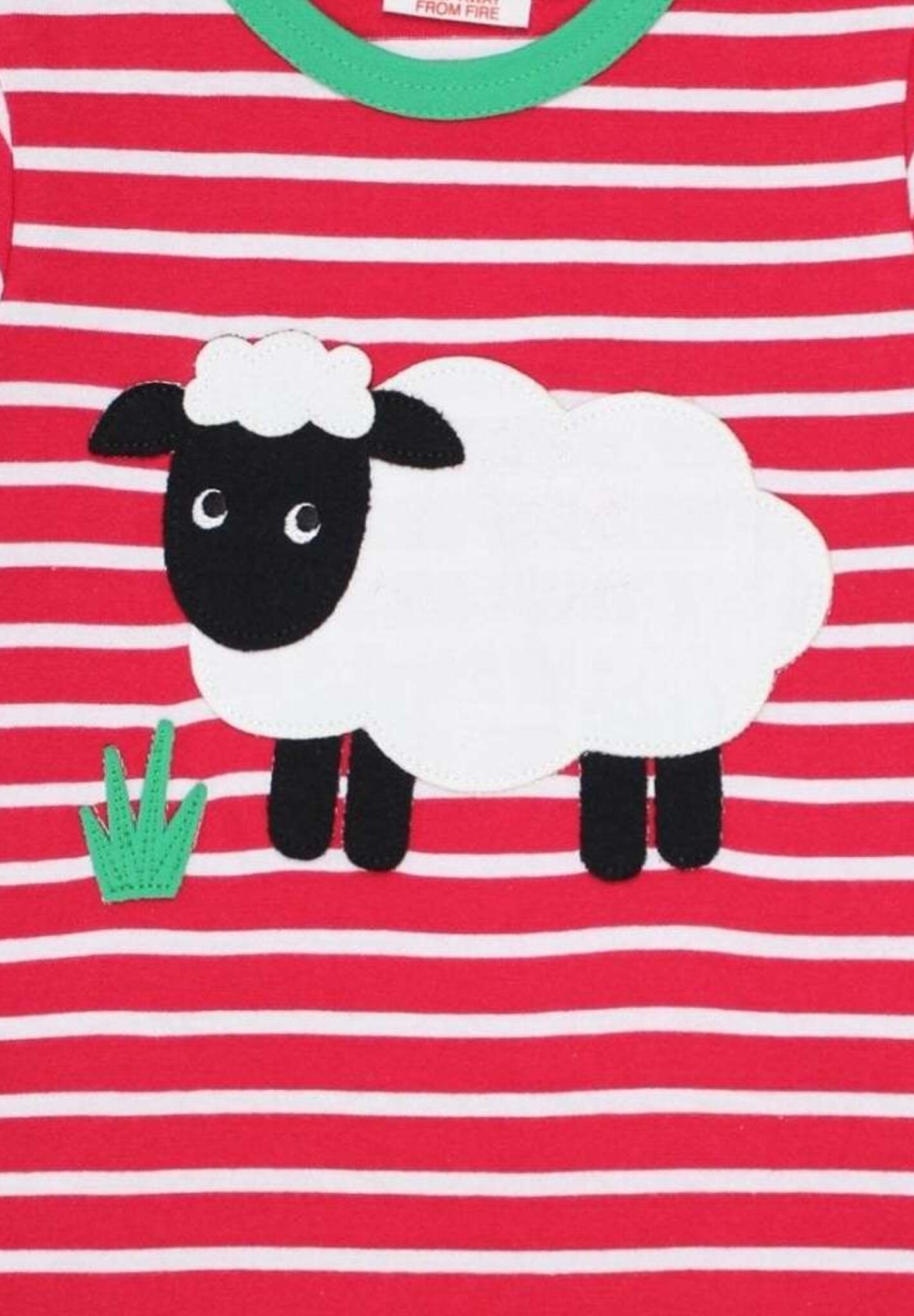 Premium striped baby T-shirt with sheep applique, soft organic cotton, snap buttons, green trim, machine washable by Toby Tiger at brixbailey.com