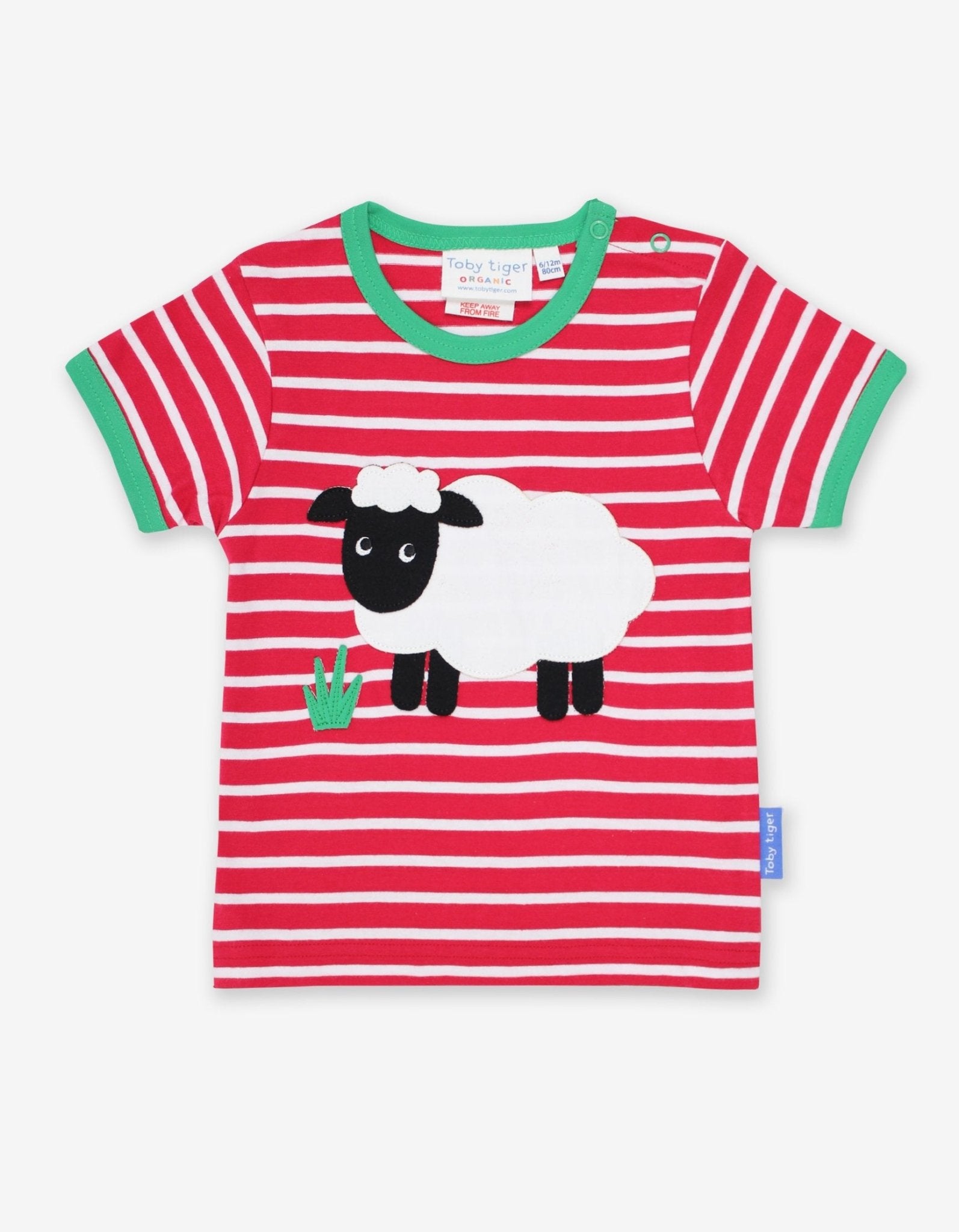 Premium striped organic cotton baby T-shirt with sheep applique, soft GOTS-certified fabric, snap buttons, eco-friendly dyes by Toby Tiger at brixbailey.com