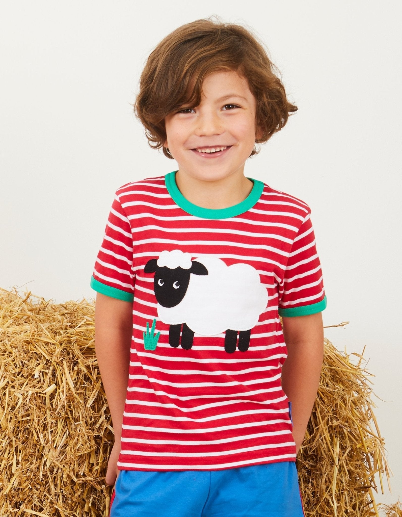 Premium striped sheep applique organic cotton baby tee, soft GOTS-certified fabric, snap buttons for easy dressing, eco-friendly dyes by Toby Tiger at brixbailey.com