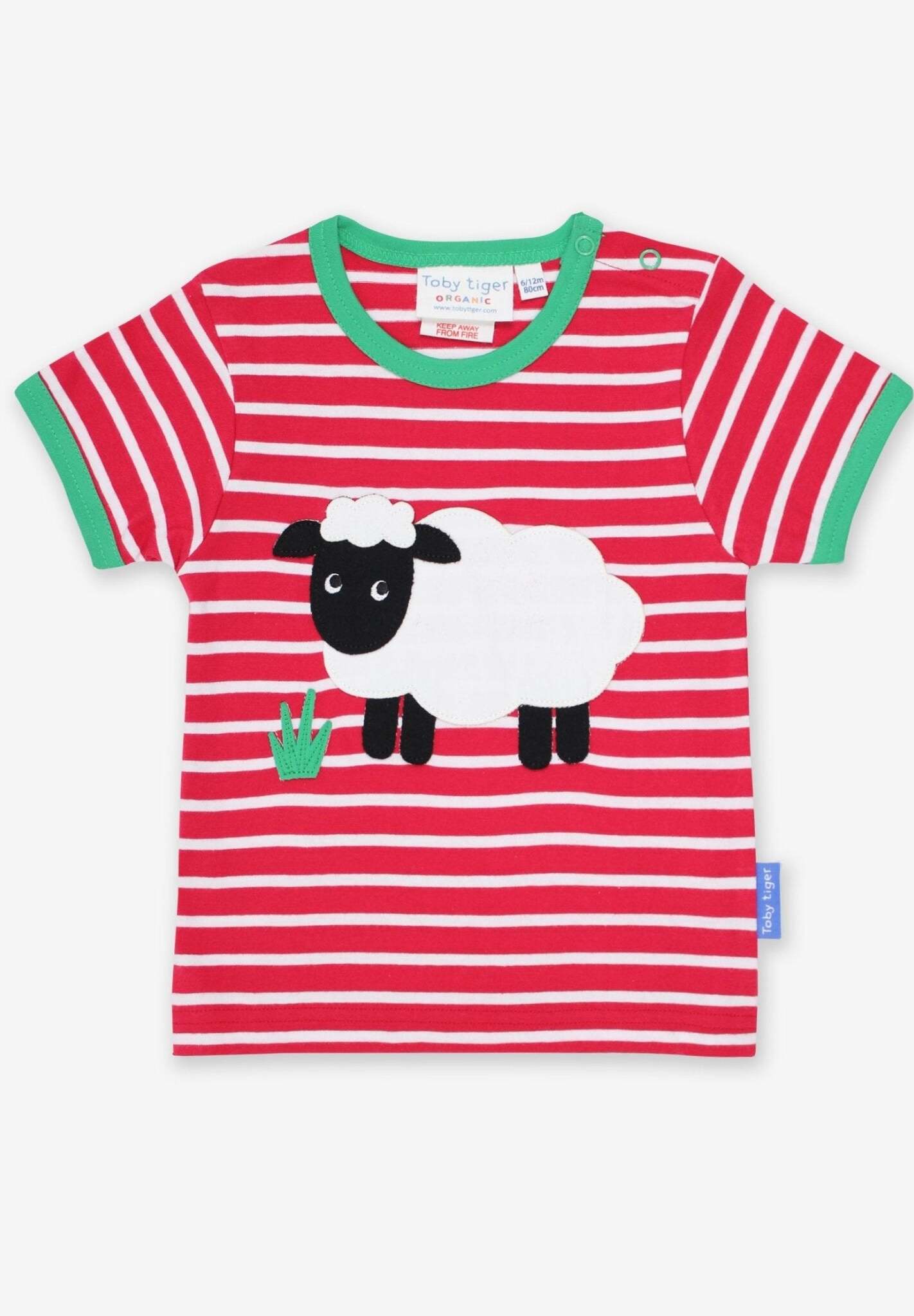 Luxury organic cotton baby T-shirt with stylish sheep applique, red-white stripes, green trim, soft GOTS-certified fabric, snap buttons by Toby Tiger at brixbailey.com