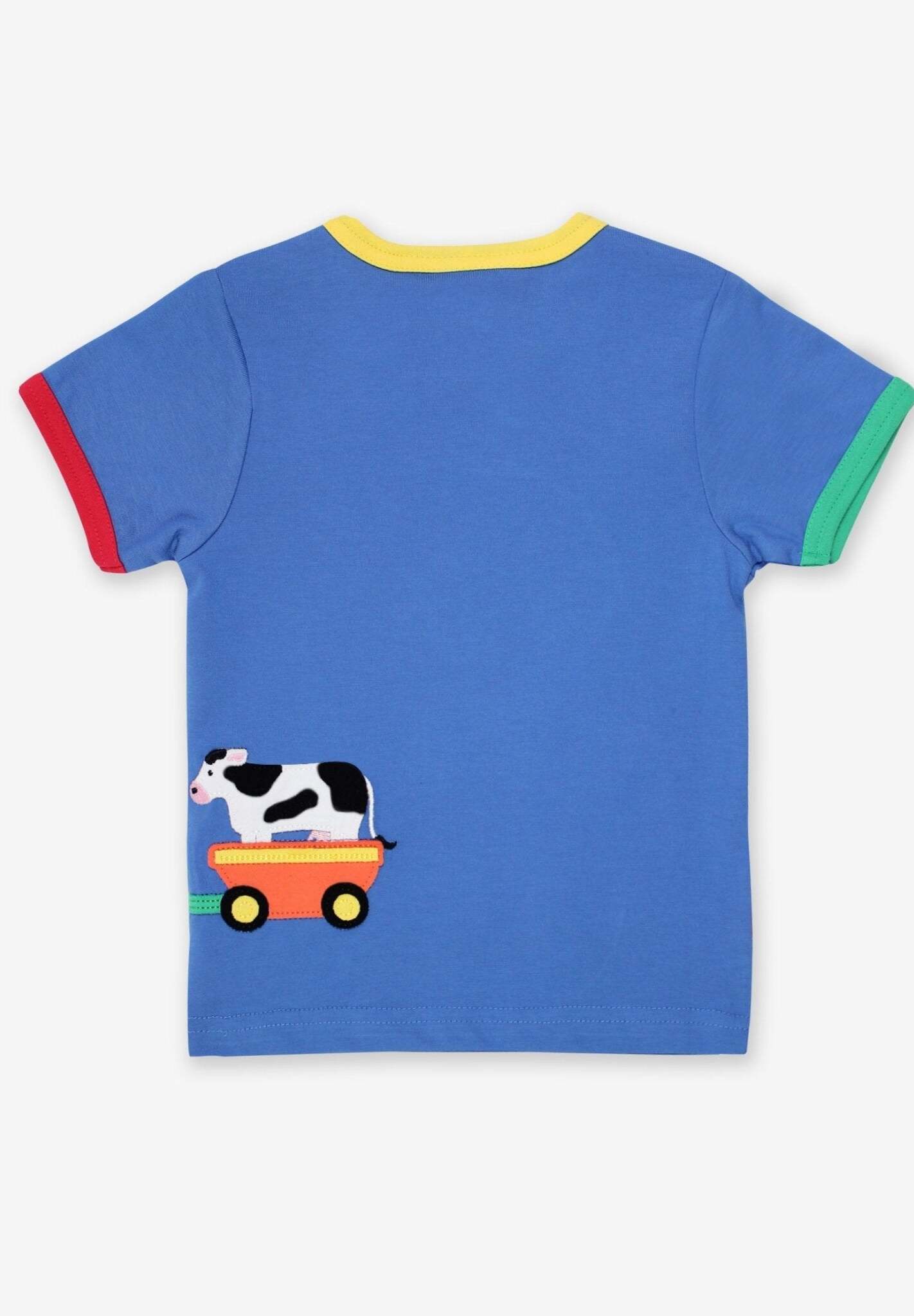 Premium organic cotton kids t-shirt with playful train applique, soft GOTS-certified fabric, snap buttons for easy dressing by Toby Tiger at brixbailey.com