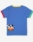 Premium organic cotton kids t-shirt with playful train applique, soft GOTS-certified fabric, snap buttons for easy dressing by Toby Tiger at brixbailey.com