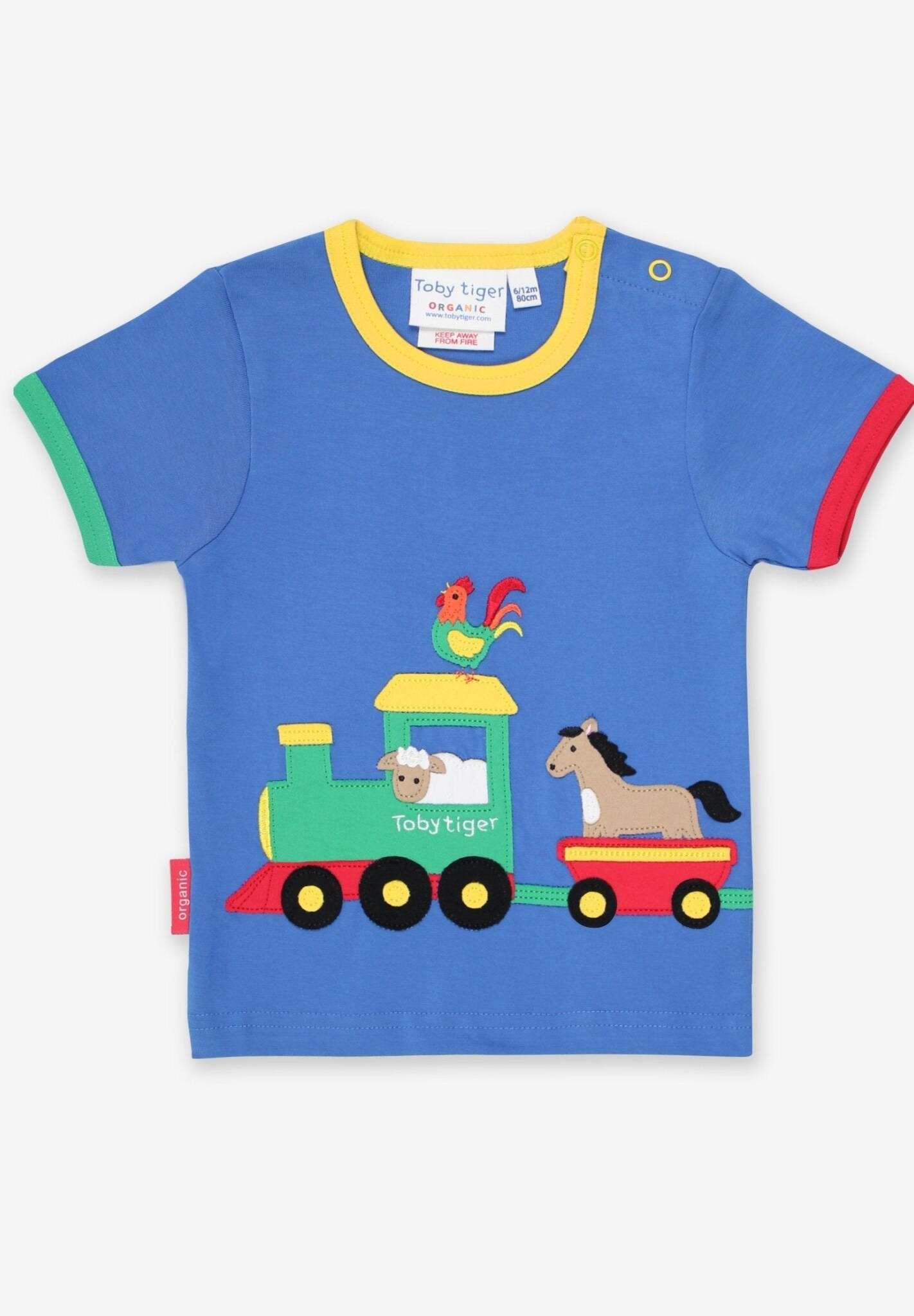 Organic cotton baby t-shirt with train applique, soft premium material, stylish and trendy, best-selling eco-friendly design by Toby Tiger at brixbailey.com