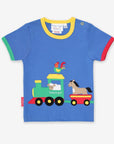 Organic cotton baby t-shirt with train applique, soft premium material, stylish and trendy, best-selling eco-friendly design by Toby Tiger at brixbailey.com