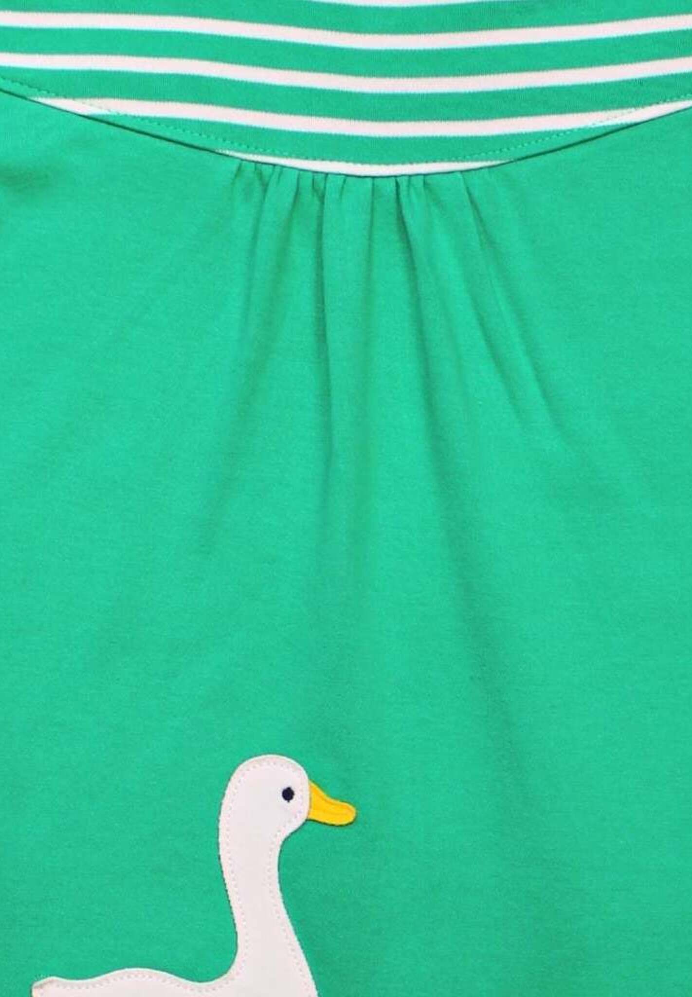 Bright green organic cotton kids t-shirt dress with duck applique, stylish contrast stripes, premium handcrafted details, best-selling eco-friendly design by Toby Tiger at brixbailey.com
