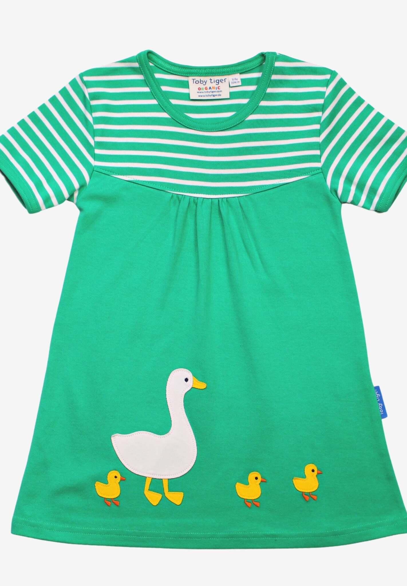 Luxury bright green organic cotton kids t-shirt dress with duck applique, contrasting stripes, snap neck closure, soft gathers by Toby Tiger at brixbailey.com