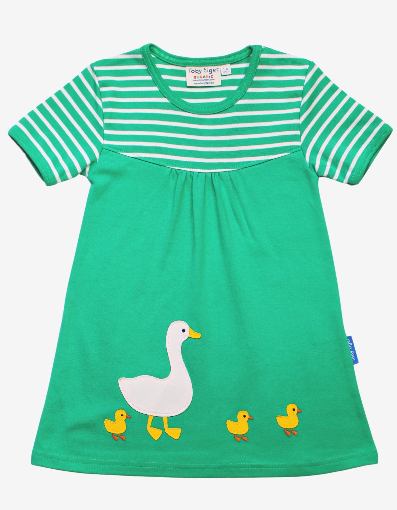 Luxury organic cotton duck applique kids dress with striped detailing and snap button closure by Toby Tiger at brixbailey.com