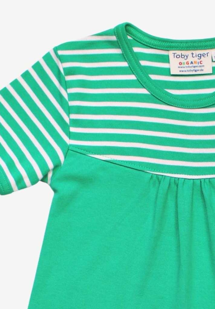 Luxury bright green organic cotton kids t-shirt dress with duck applique, contrasting stripes, snap neck closure, soft gathers by Toby Tiger at brixbailey.com