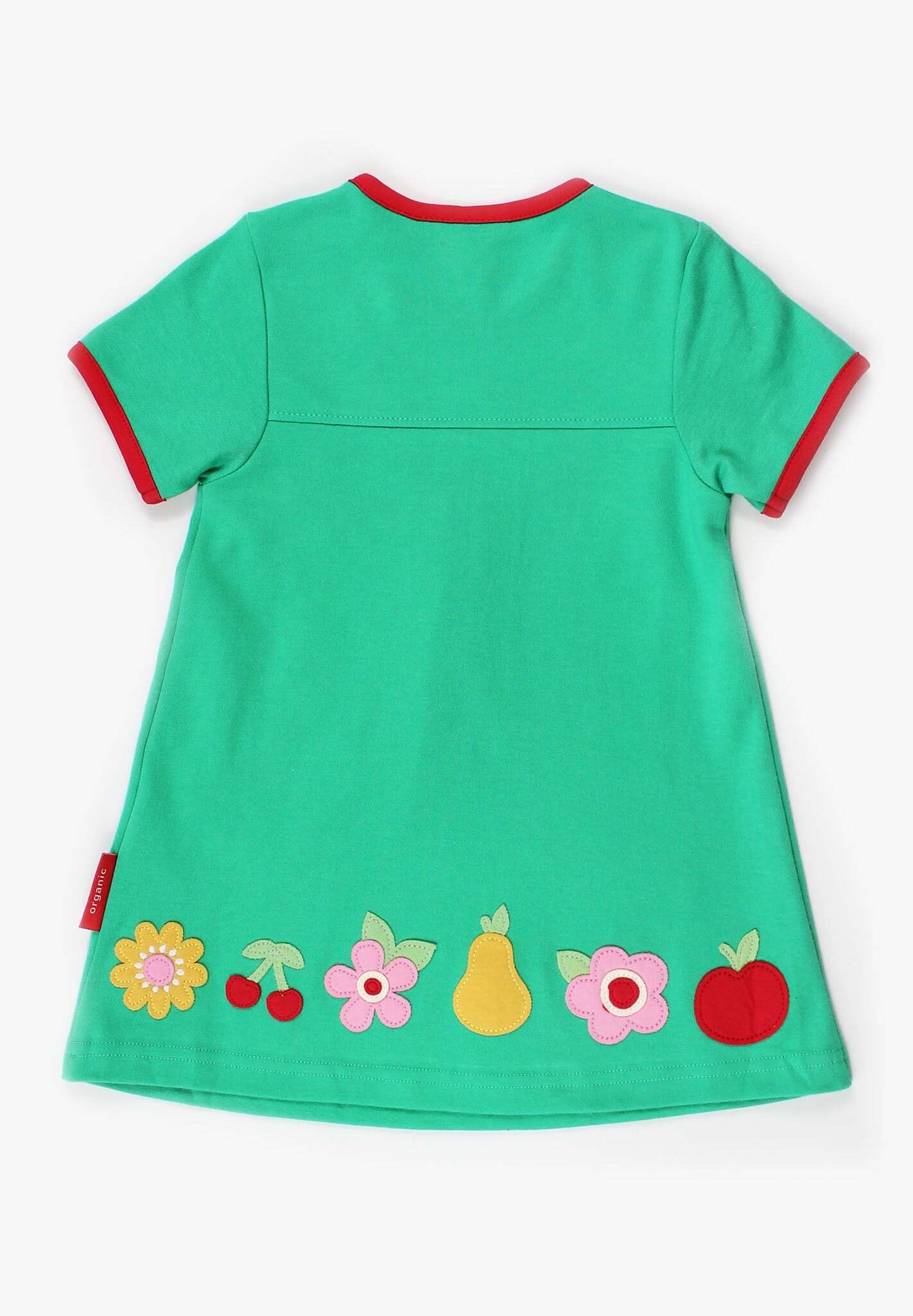 Premium green summer dress with short sleeves, organic cotton, fruit appliques, red trim, stylish Toby Tiger design by Toby Tiger at brixbailey.com