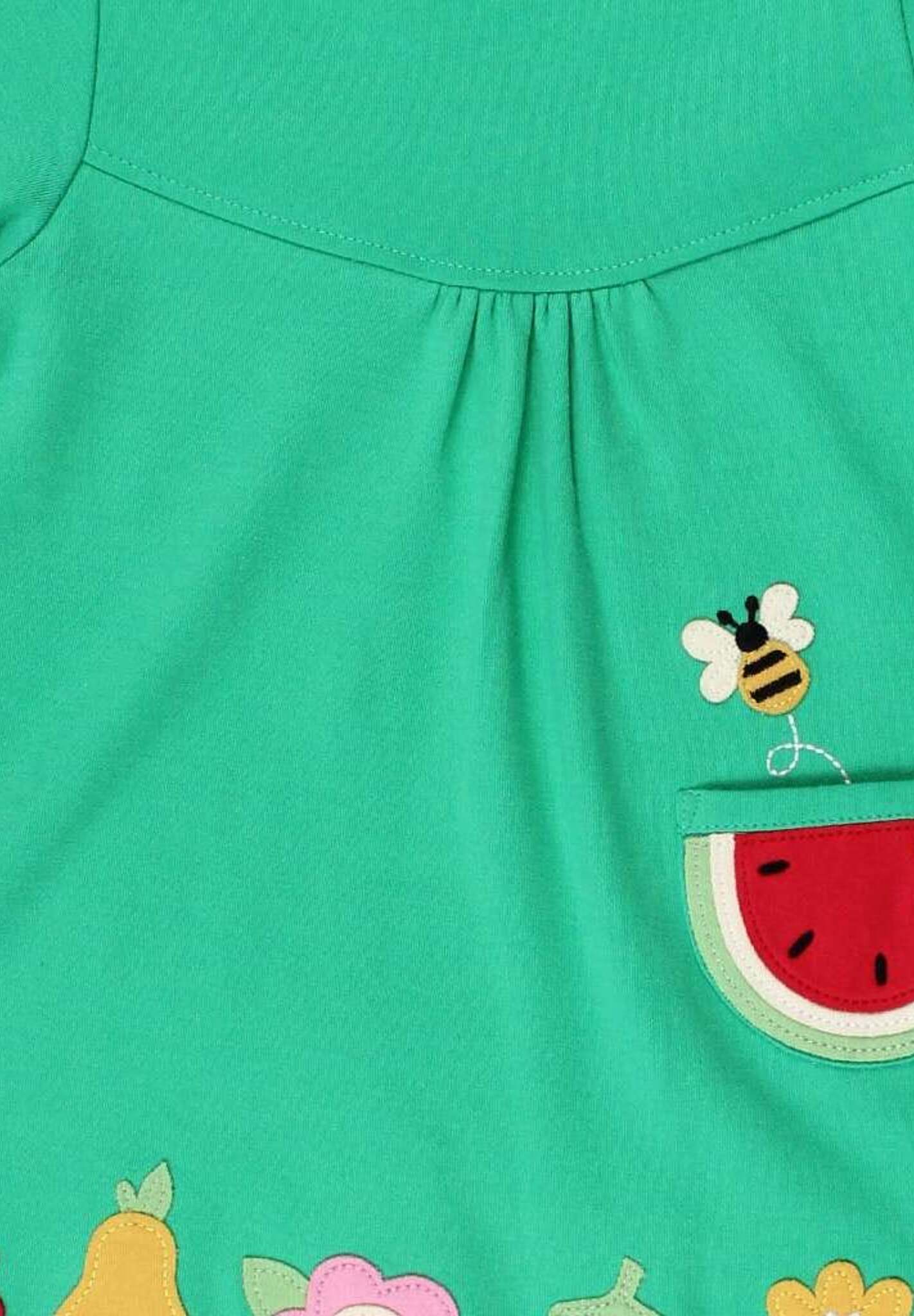 Premium green summer dress with short sleeves, organic cotton fruit applique, stylish red trim, Toby Tiger kids fashion by Toby Tiger at brixbailey.com