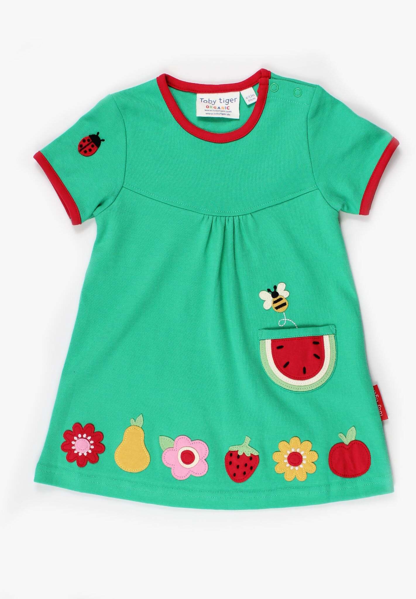 Premium green summer dress with short sleeves, GOTS certified organic cotton, fruit appliques, red trim, stylish Toby Tiger design by Toby Tiger at brixbailey.com