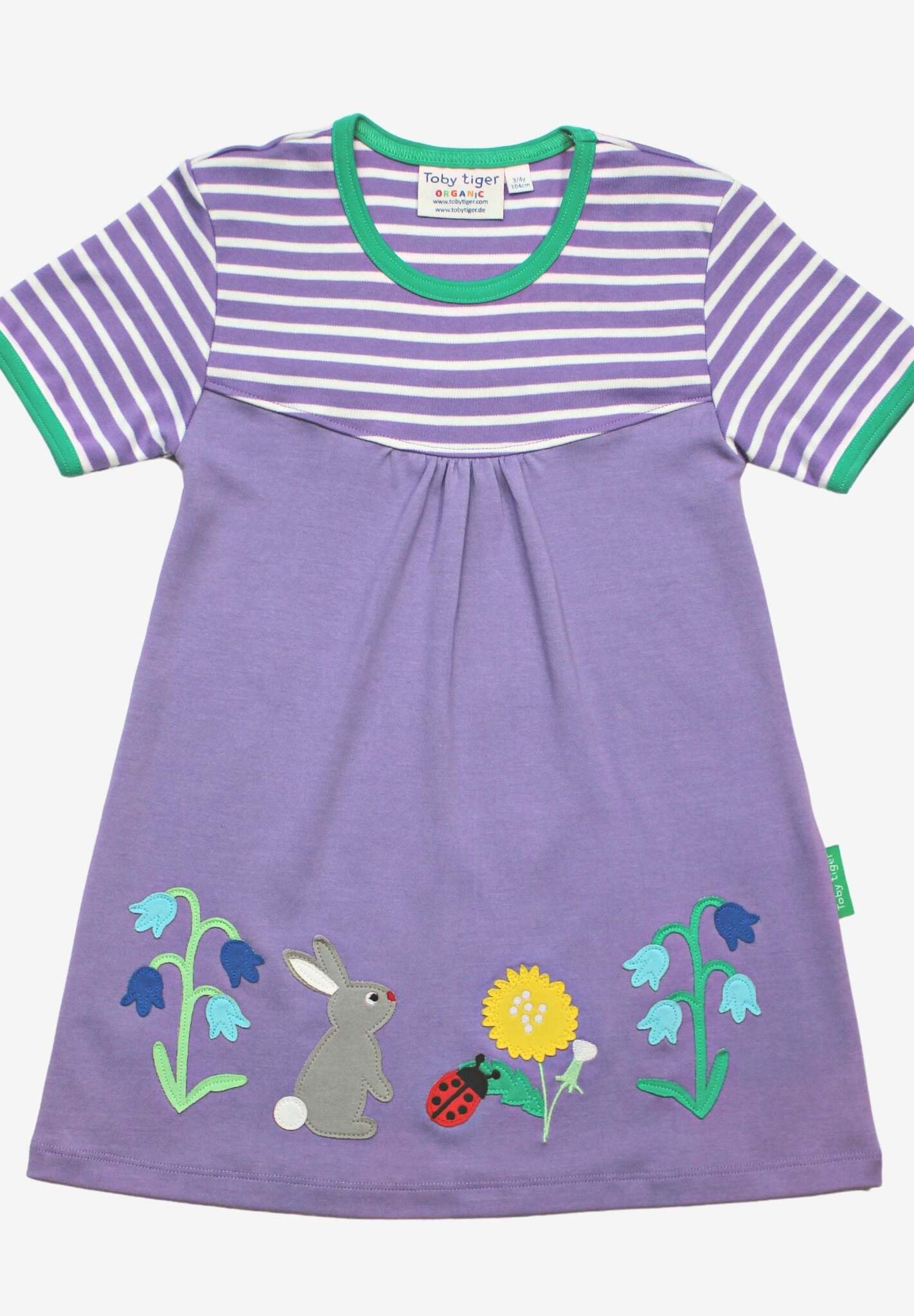 Organic Kids T-Shirt Dress with Floral Appliques and Striped Top in Lilac and Green by Toby Tiger at brixbailey.com