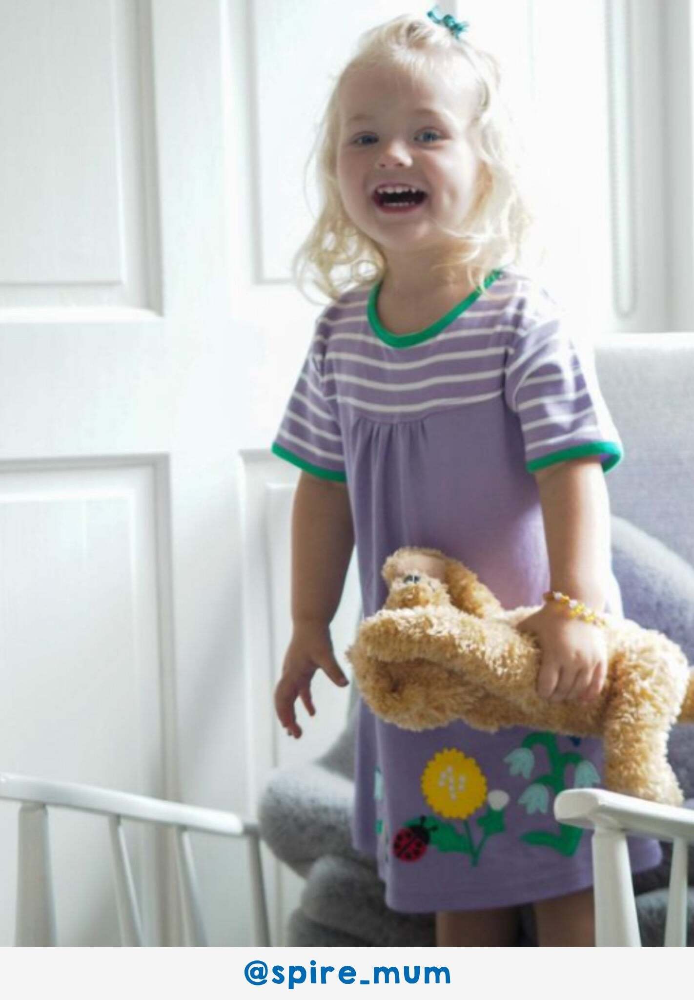 Organic Kids T-Shirt Dress with Spring Floral Appliques and Striped Top in Lilac and Green by Toby Tiger at brixbailey.com