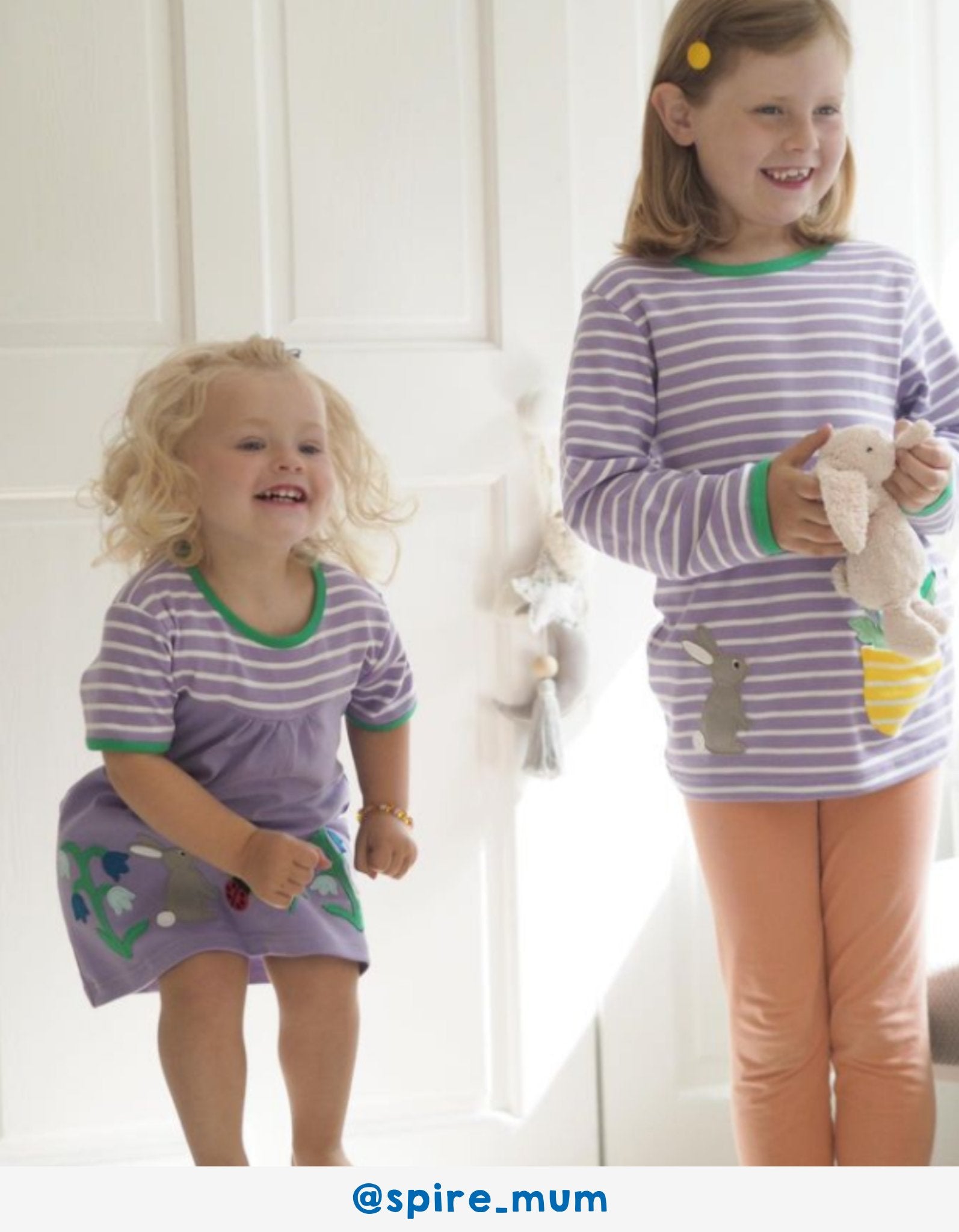 Organic Kids T-Shirt Dress with Spring Floral Appliques and Striped Top in Lilac and Green by Toby Tiger at brixbailey.com