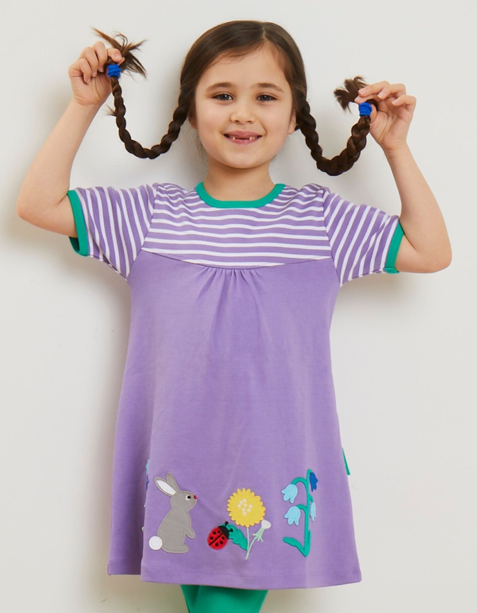 Organic Kids T-Shirt Dress with Spring Floral Appliques and Striped Top in Lilac and Green by Toby Tiger at brixbailey.com