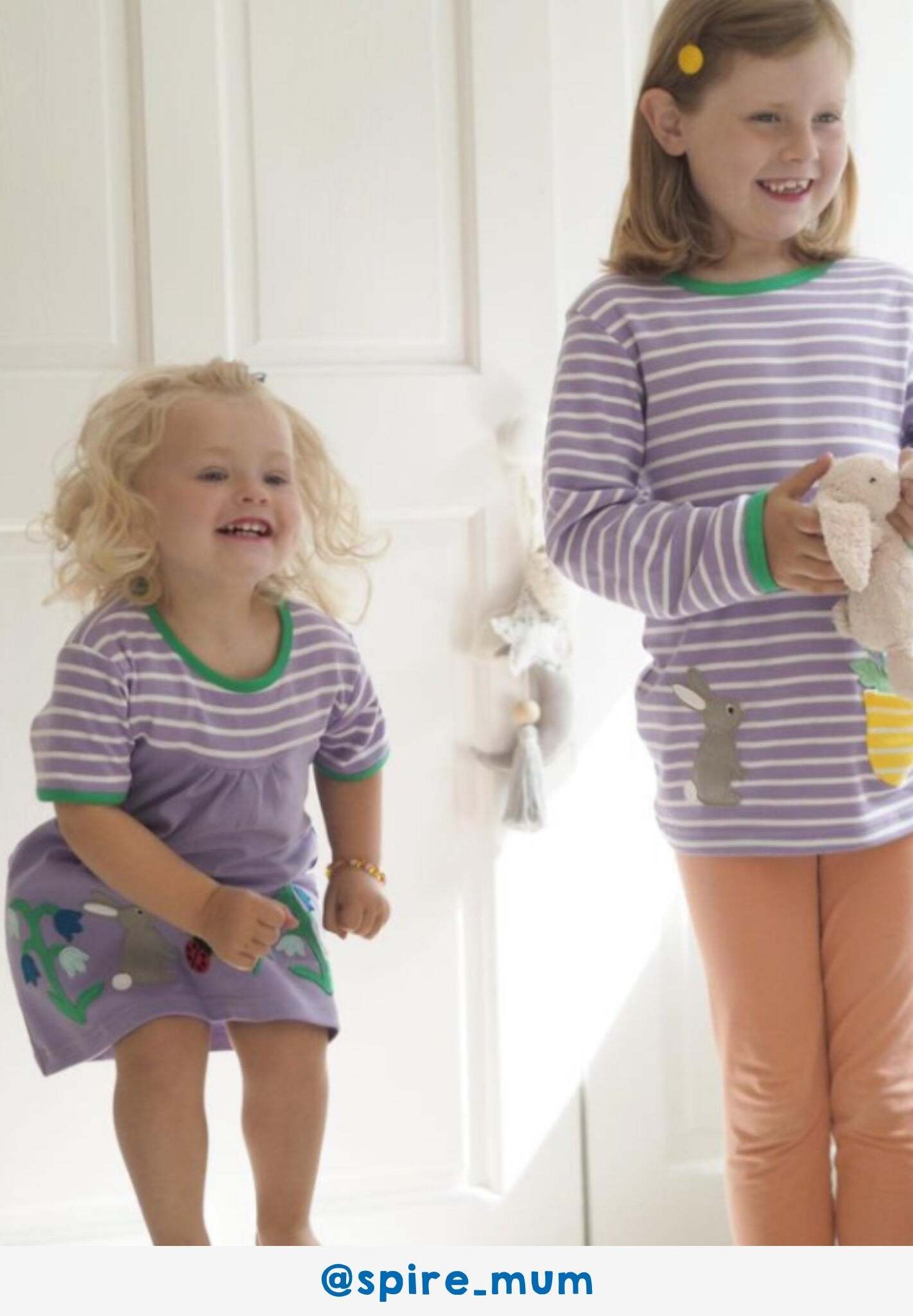 Organic Kids T-Shirt Dress with Floral Appliques, Striped Top, and Lilac Background for Spring Style by Toby Tiger at brixbailey.com