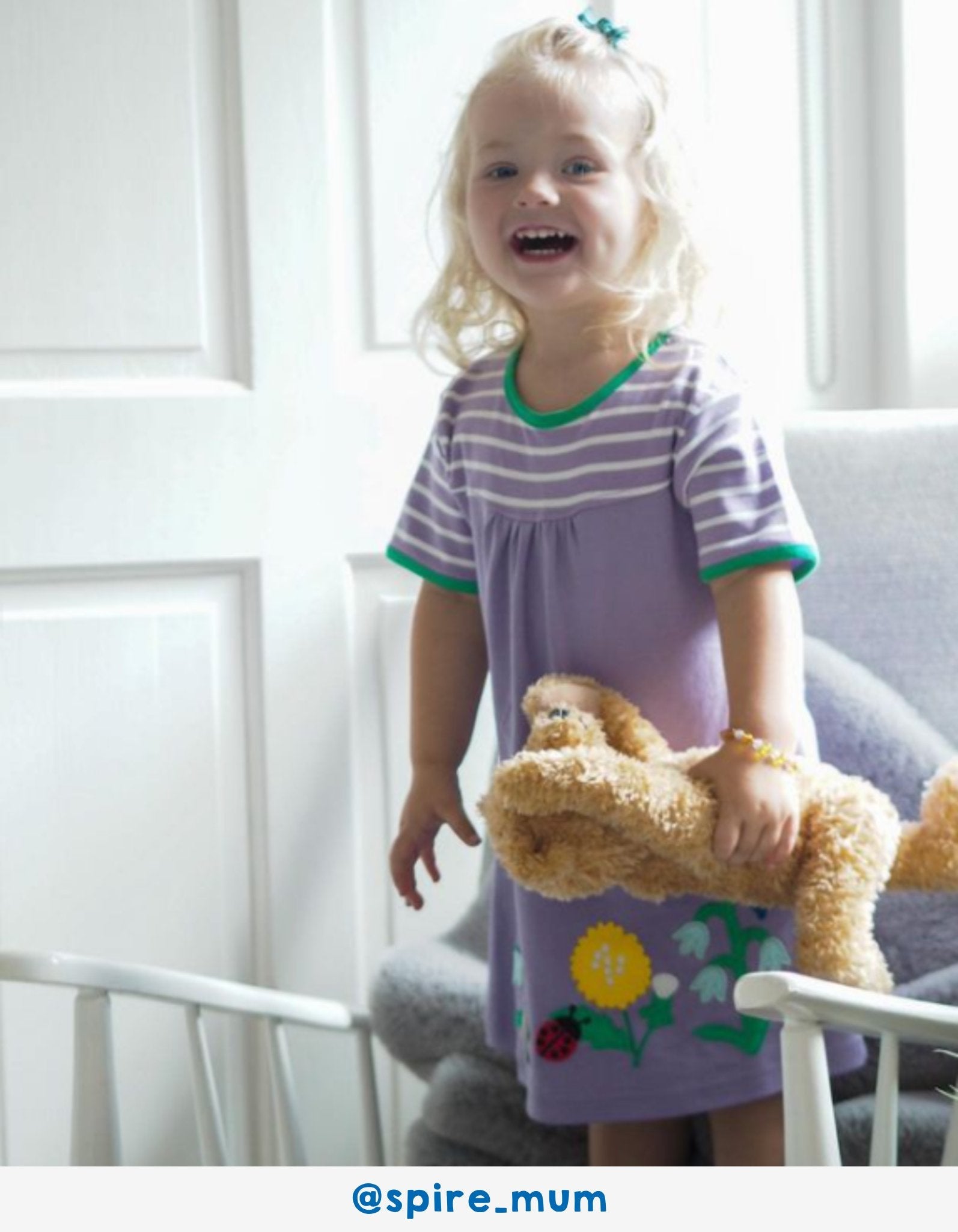 Organic Kids T-Shirt Dress with Spring Floral Appliques and Striped Top in Lilac and Green by Toby Tiger at brixbailey.com