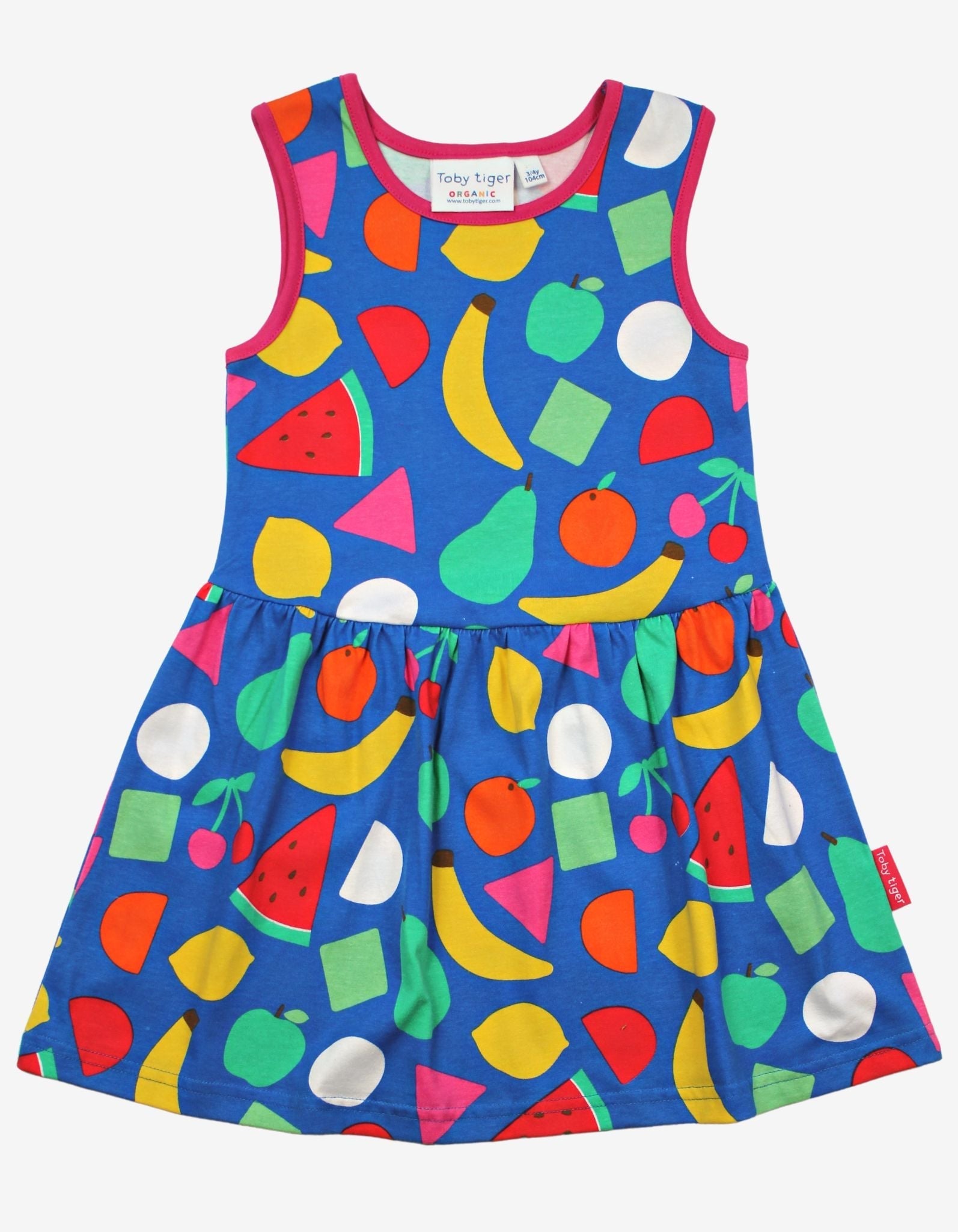 Organic Cotton Kids Summer Dress with Vibrant Fruit Print - Watermelon, Banana, Lemon, Apples, Pears - Toby Tiger Design by Toby Tiger at brixbailey.com