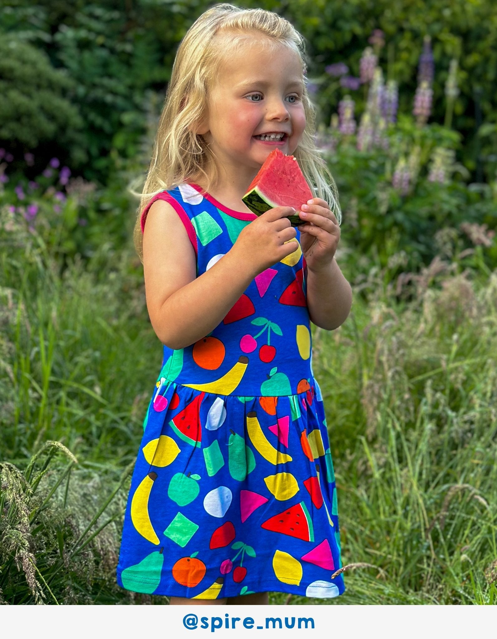 Organic Cotton Summer Dress for Kids with Vibrant Fruit Print - Watermelon, Banana, Lemon, Apples, Pears - Toby Tiger Design by Toby Tiger at brixbailey.com