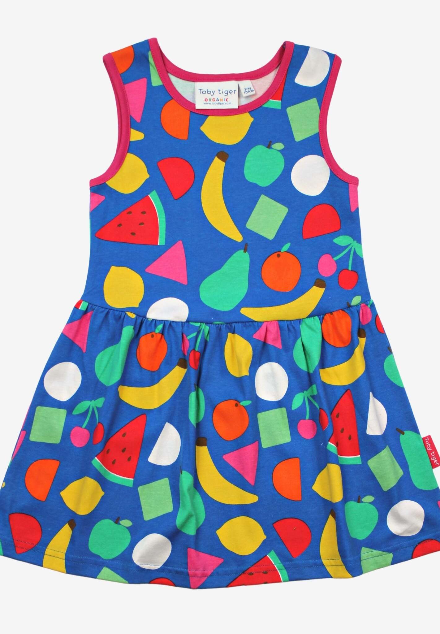 Organic Cotton Summer Dress for Kids with Vibrant Fruit Print - Watermelon, Banana, Lemon, Apples, Pears - Toby Tiger Design by Toby Tiger at brixbailey.com