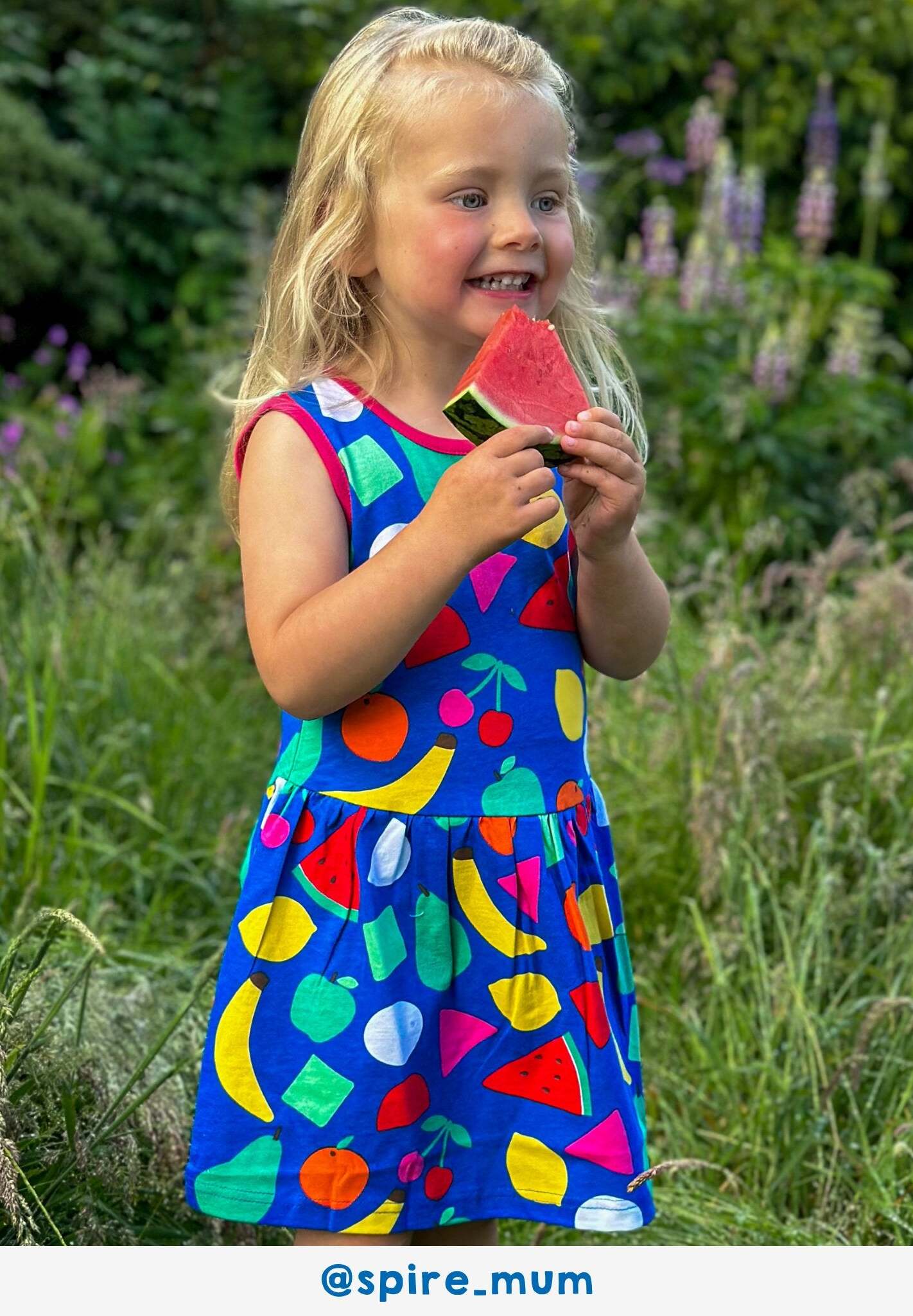 Organic Cotton Kids Summer Dress with Vibrant Fruit Print - Watermelon, Banana, Lemon, Apples, Pears - Toby Tiger Design by Toby Tiger at brixbailey.com