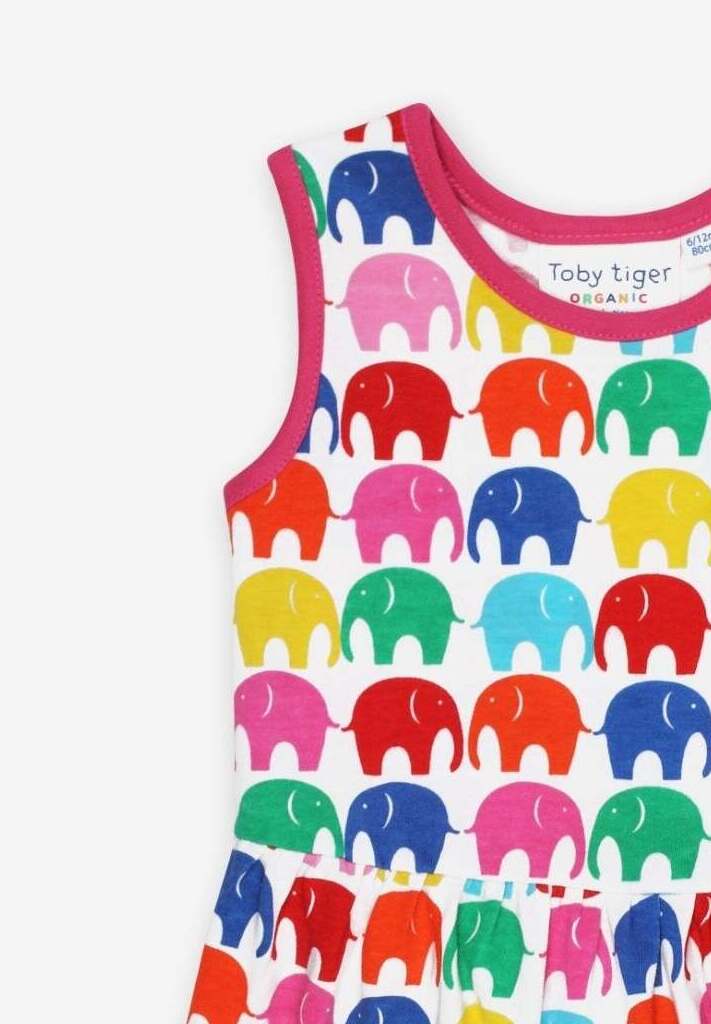 Colorful Elephant Print Summer Dress in Soft Organic Cotton with Toby Tiger Design by Toby Tiger at brixbailey.com