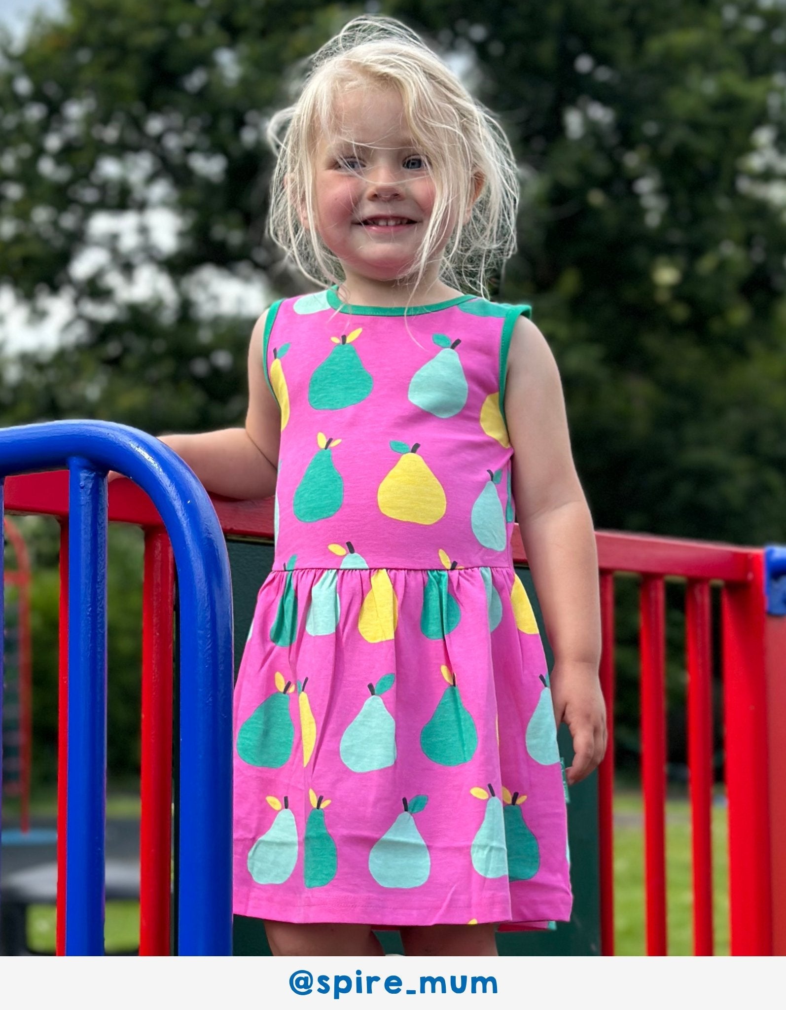 Organic pear print summer dress, stylish pink sleeveless kids dress, soft GOTS-certified cotton, trending yellow-green fruit pattern, premium handcrafted boho design by Toby Tiger at brixbailey.com