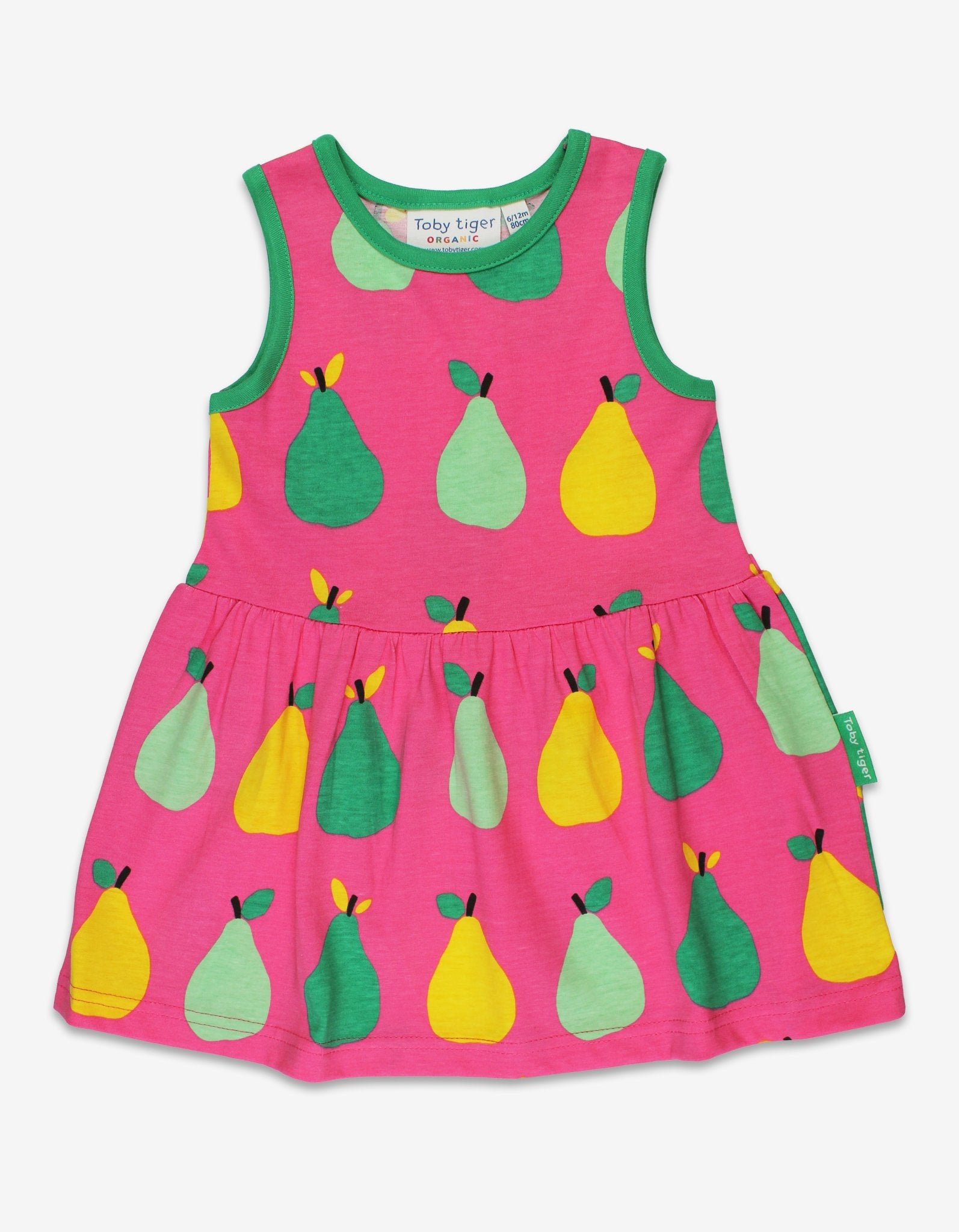 Organic pear print summer dress, stylish pink sleeveless kids dress, premium soft GOTS-certified cotton, trending yellow-green fruit motif by Toby Tiger at brixbailey.com