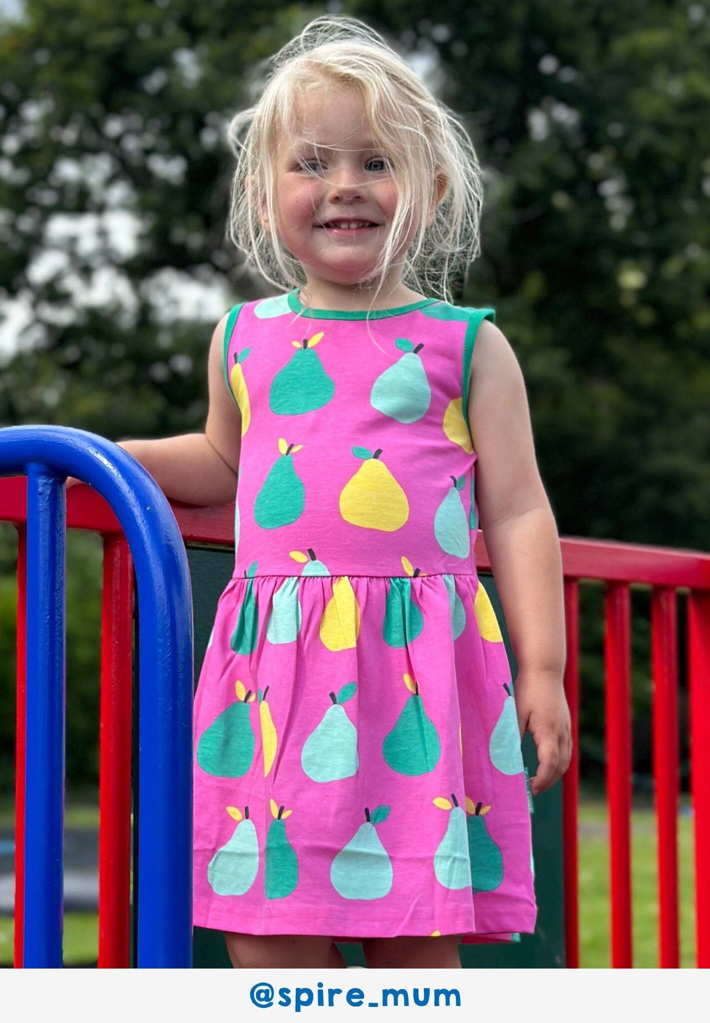 Organic pear print summer dress, stylish pink sleeveless kids dress, soft GOTS certified cotton, trendy yellow-green fruit pattern, flowing skirt by Toby Tiger at brixbailey.com