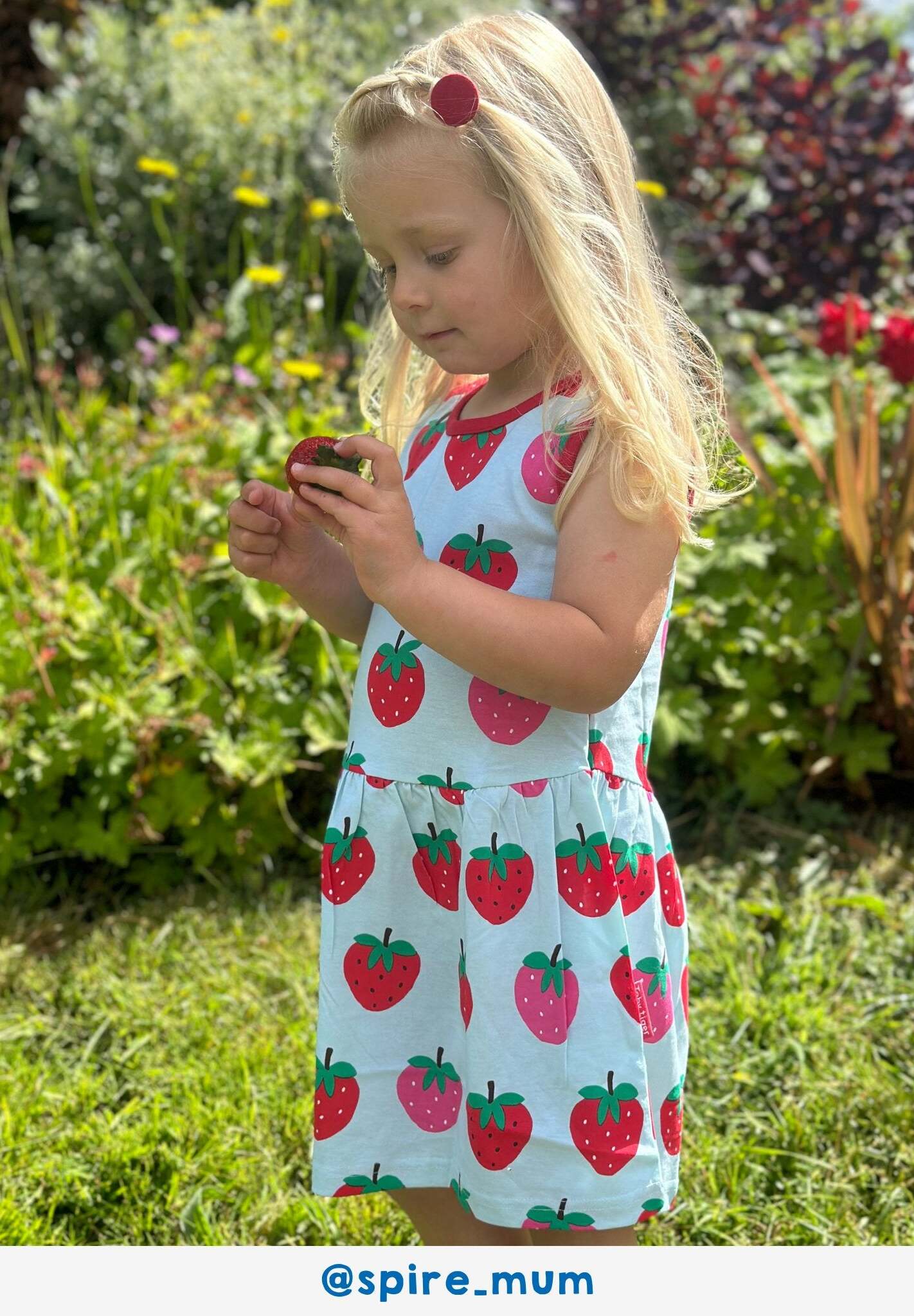 Organic Strawberry Summer Dress for Kids, Soft Swinging Skirt with Toby Tiger Print, GOTS Certified Cotton, Eco-Friendly Dyes by Toby Tiger at brixbailey.com