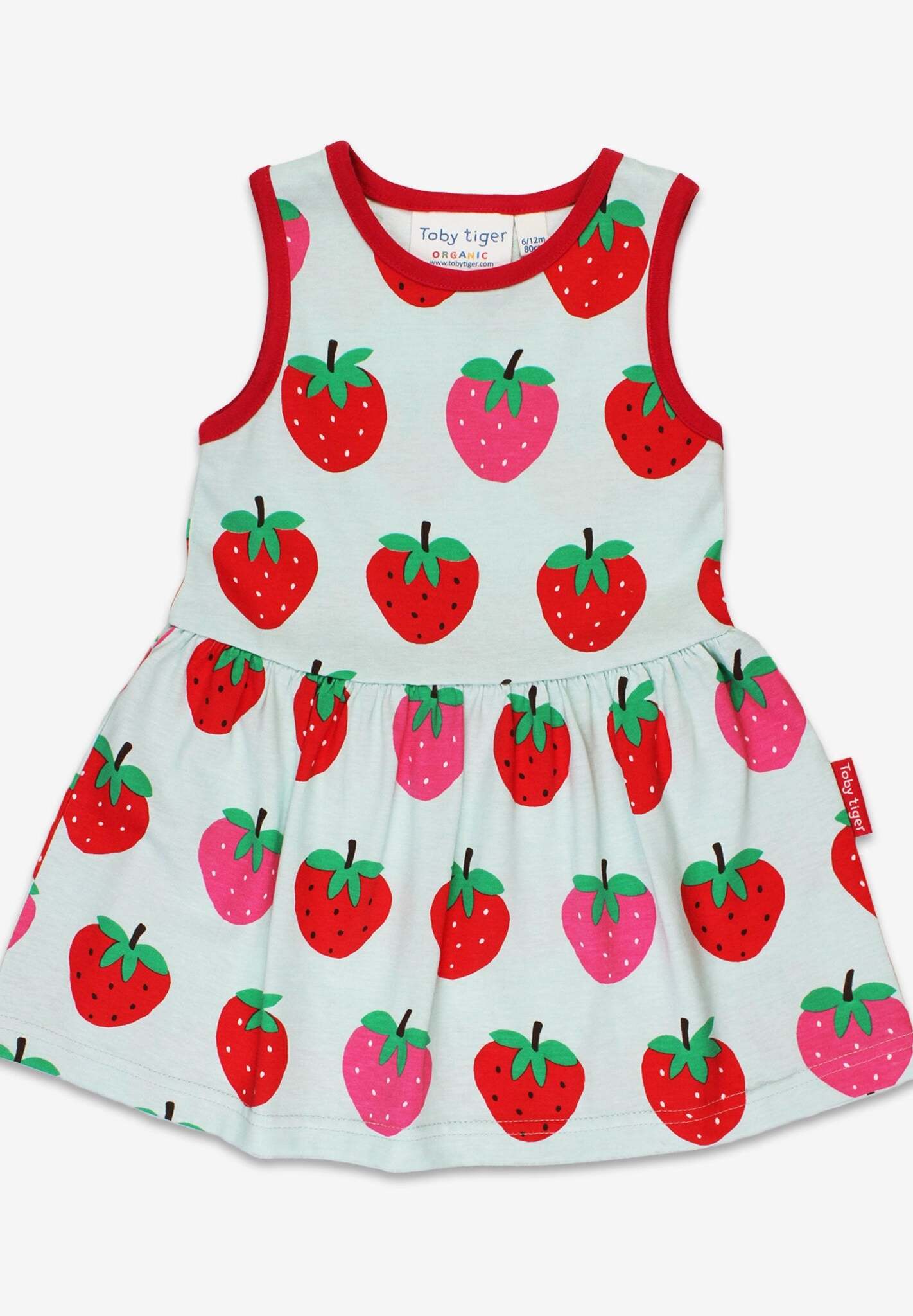 Organic Strawberry Summer Dress for Kids - Soft Swinging Skirt with Toby Tiger Print, GOTS Certified Cotton, Eco-Friendly by Toby Tiger at brixbailey.com