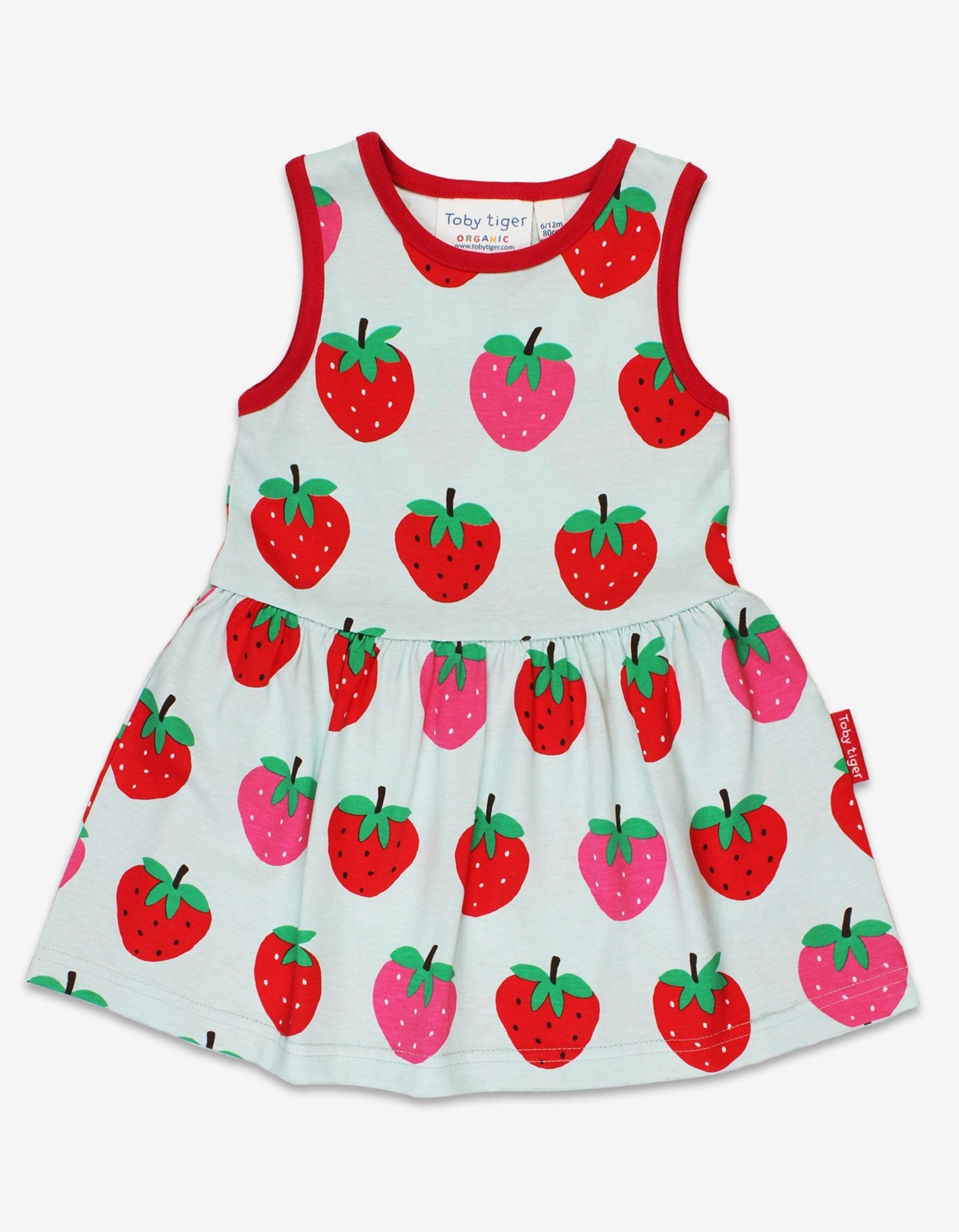 Organic Strawberry Summer Dress for Kids - Soft Flowy Swing Skirt with Toby Tiger Print, GOTS Certified Cotton, Eco-Friendly Dyes by Toby Tiger at brixbailey.com