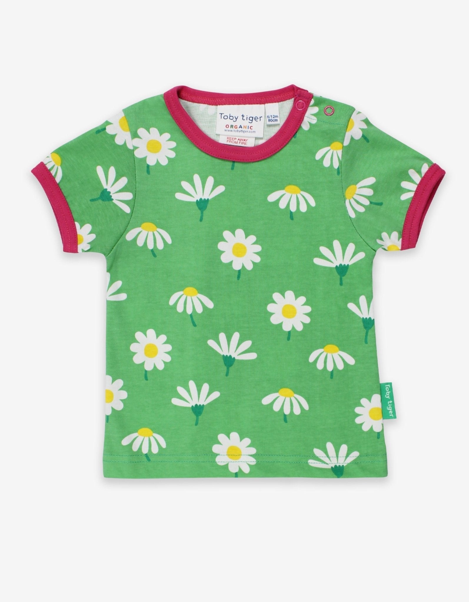 Premium baby daisy print t-shirt, 100% organic cotton, soft pink trim, snap button closure, eco-friendly, sizes 3-24 months by Toby Tiger at brixbailey.com