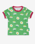 Premium baby daisy print t-shirt, 100% organic cotton, soft pink trim, snap button closure, eco-friendly, sizes 3-24 months by Toby Tiger at brixbailey.com