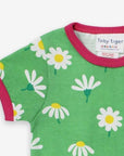 Premium baby daisy print short sleeve shirt, soft organic cotton, snap button closure, pink trim, eco-friendly dyes, machine washable by Toby Tiger at brixbailey.com