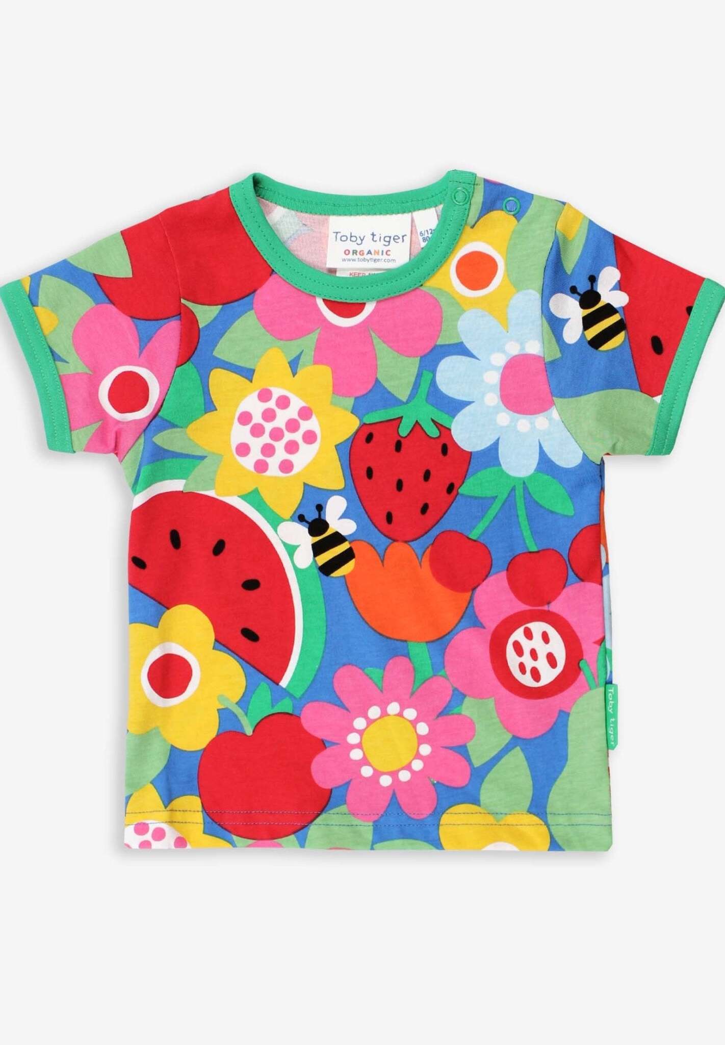 Premium baby short sleeve T-shirt with floral fruit print, soft organic cotton, snap neck, stylish green trim, best-selling sustainable kids fashion by Toby Tiger at brixbailey.com